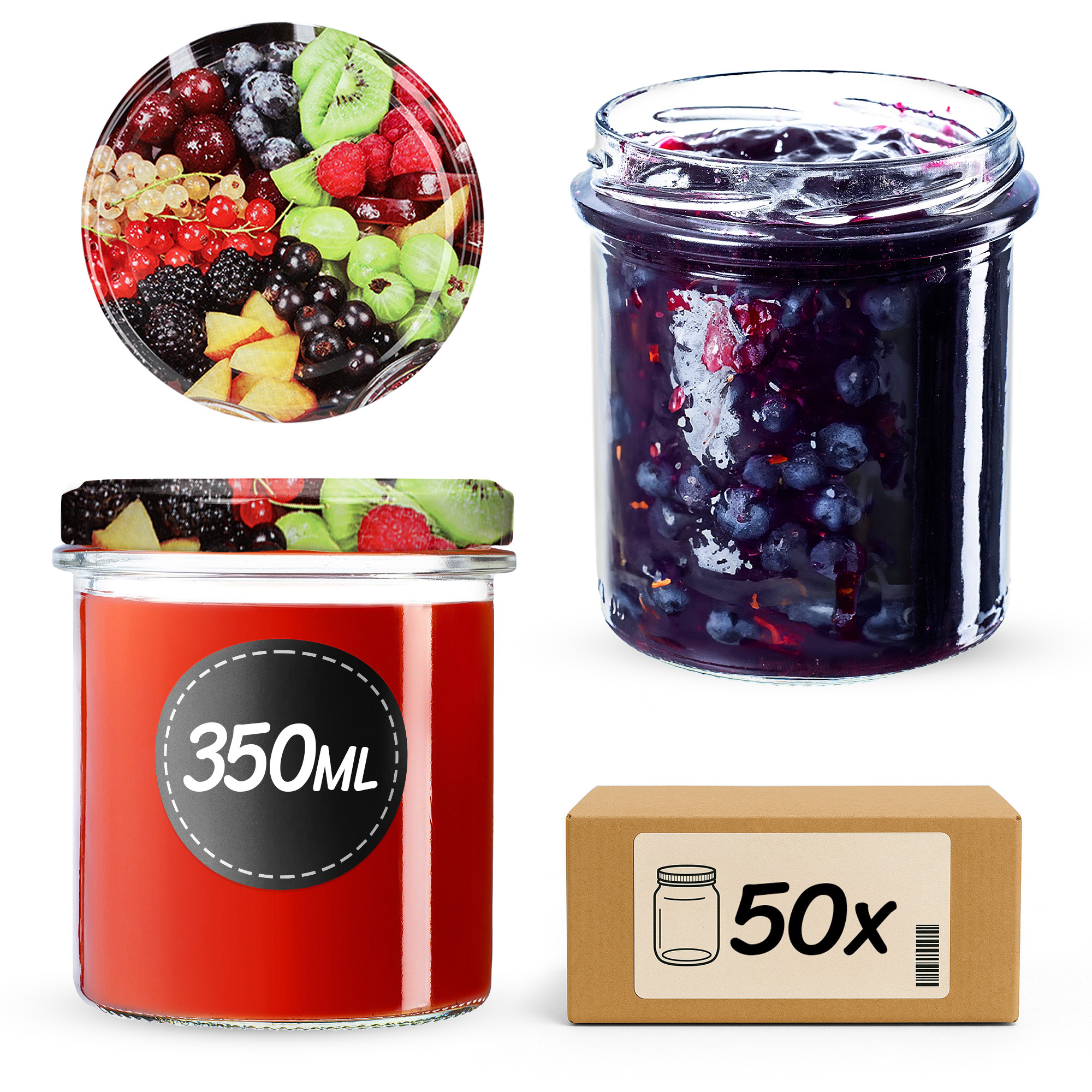 Słoiki na przetwory Avila 350ml 50szt + wieczka "Owoce"