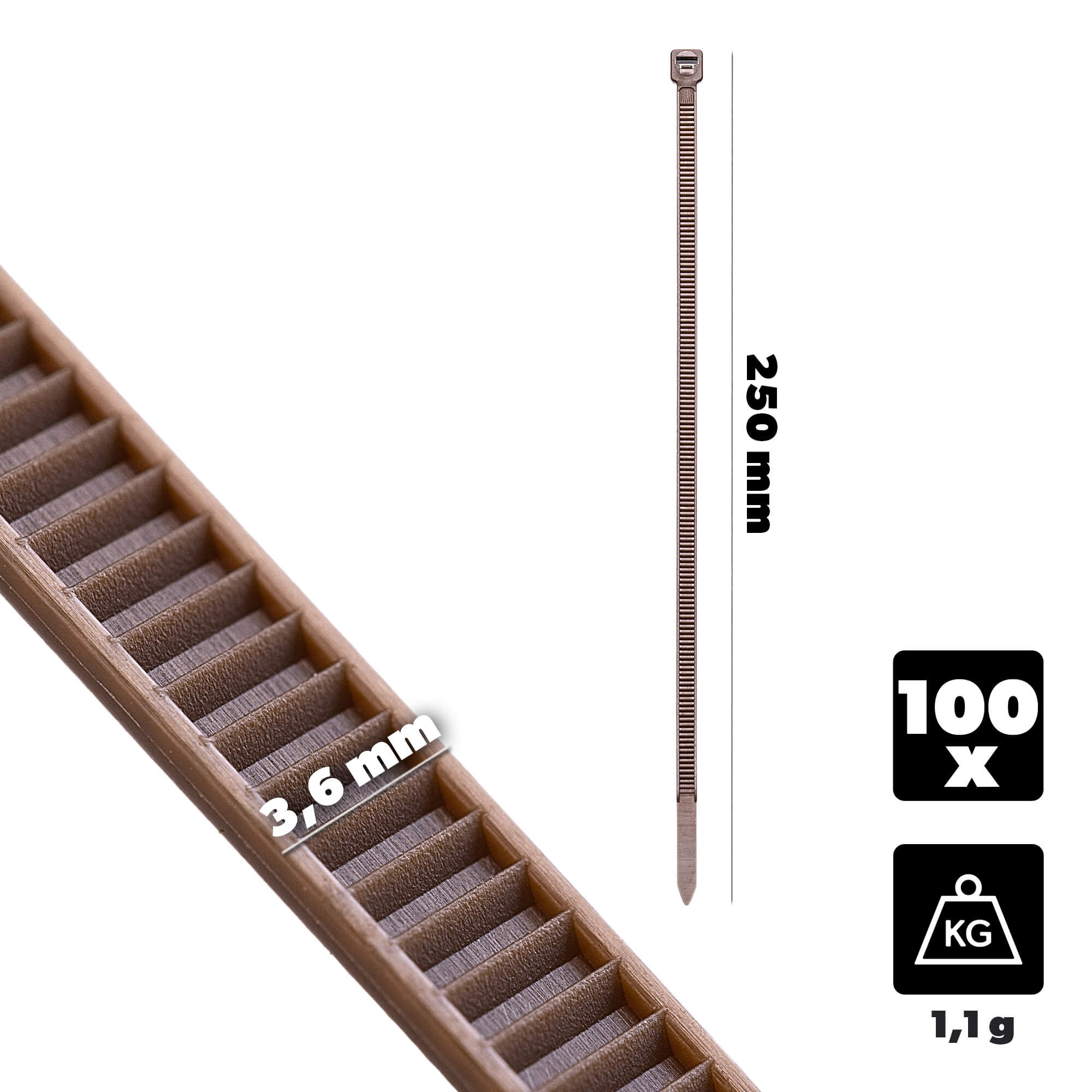 Opaski zaciskowe Maurens 250 x 3.6 mm brązowe 100 szt.