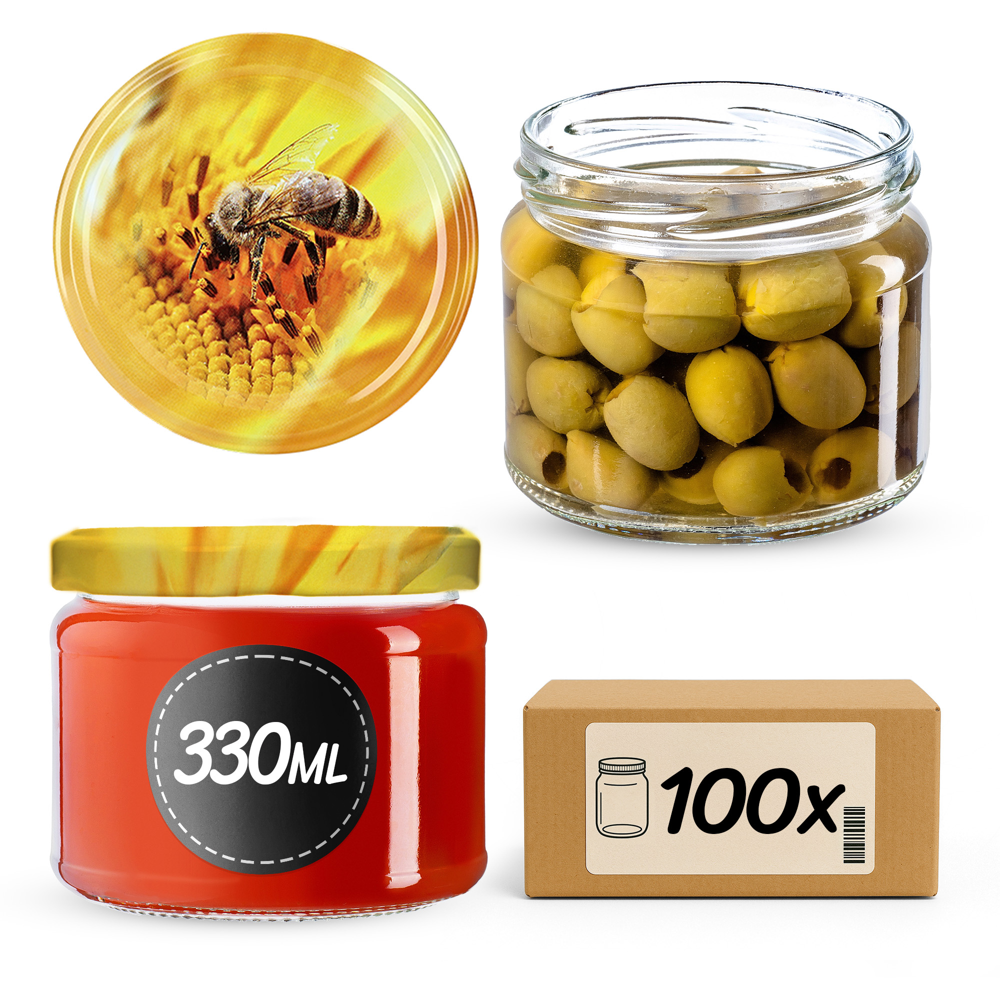 Słoiki na przetwory Sonka 330ml 100szt fi 82 mm + wieczka "Pszczoła"