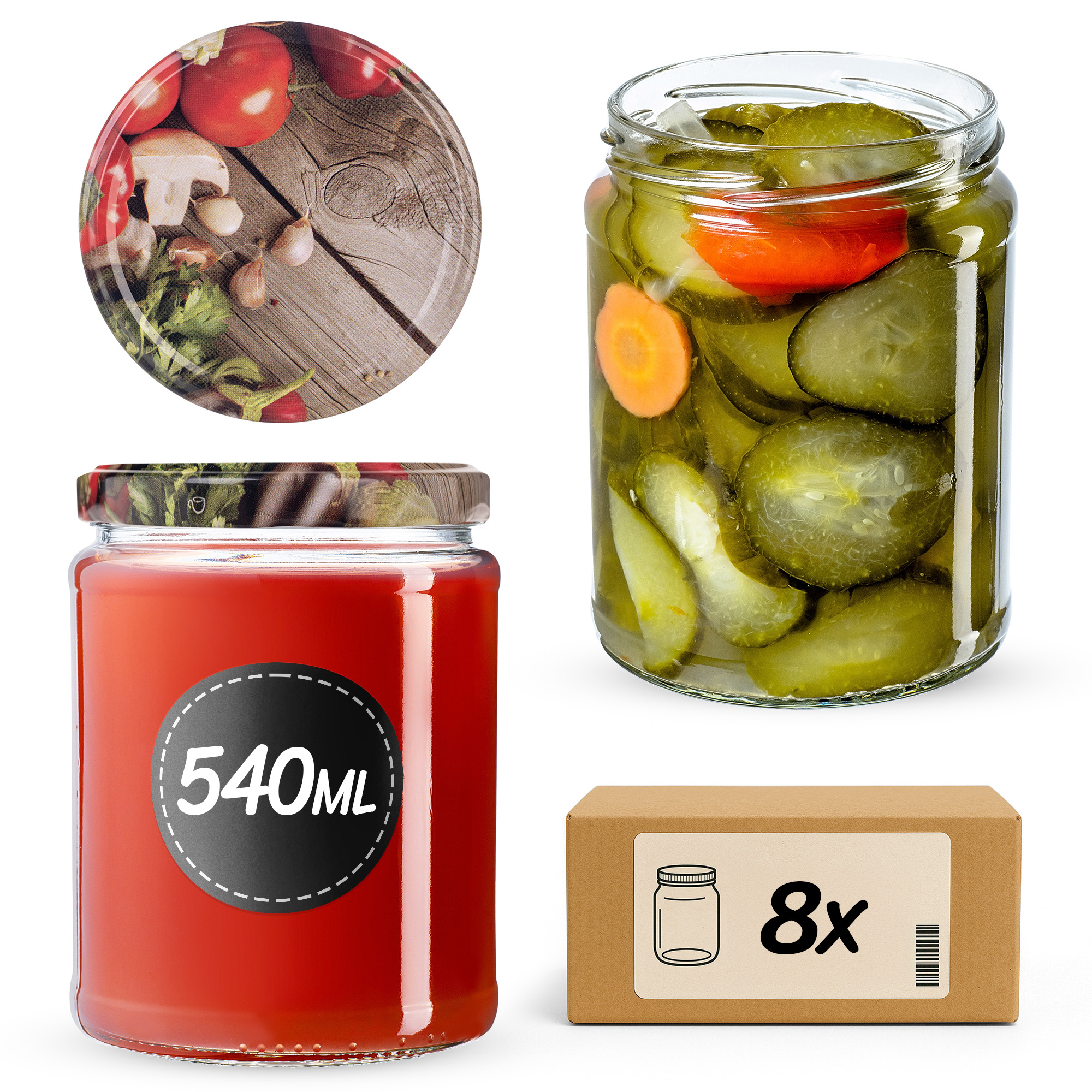 Słoiki na przetwory Maki 540ml fi 82 mm 8szt + wieczko Warzywa