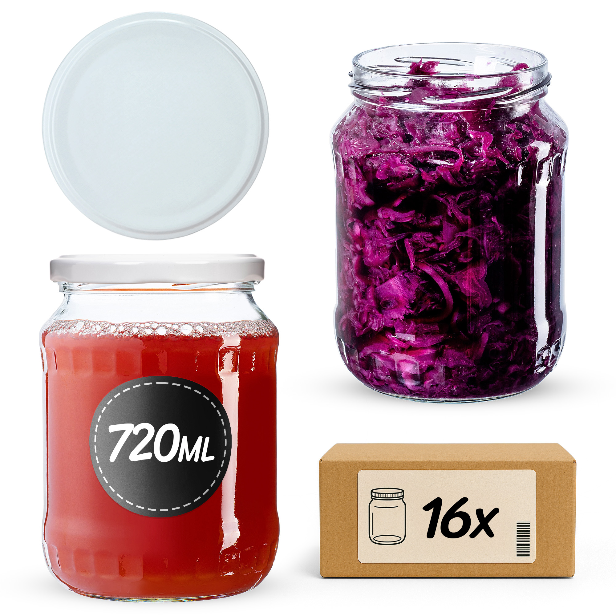 Słoiki na przetwory Jukka 720ml 16szt fi 82 mm + wieczka białe