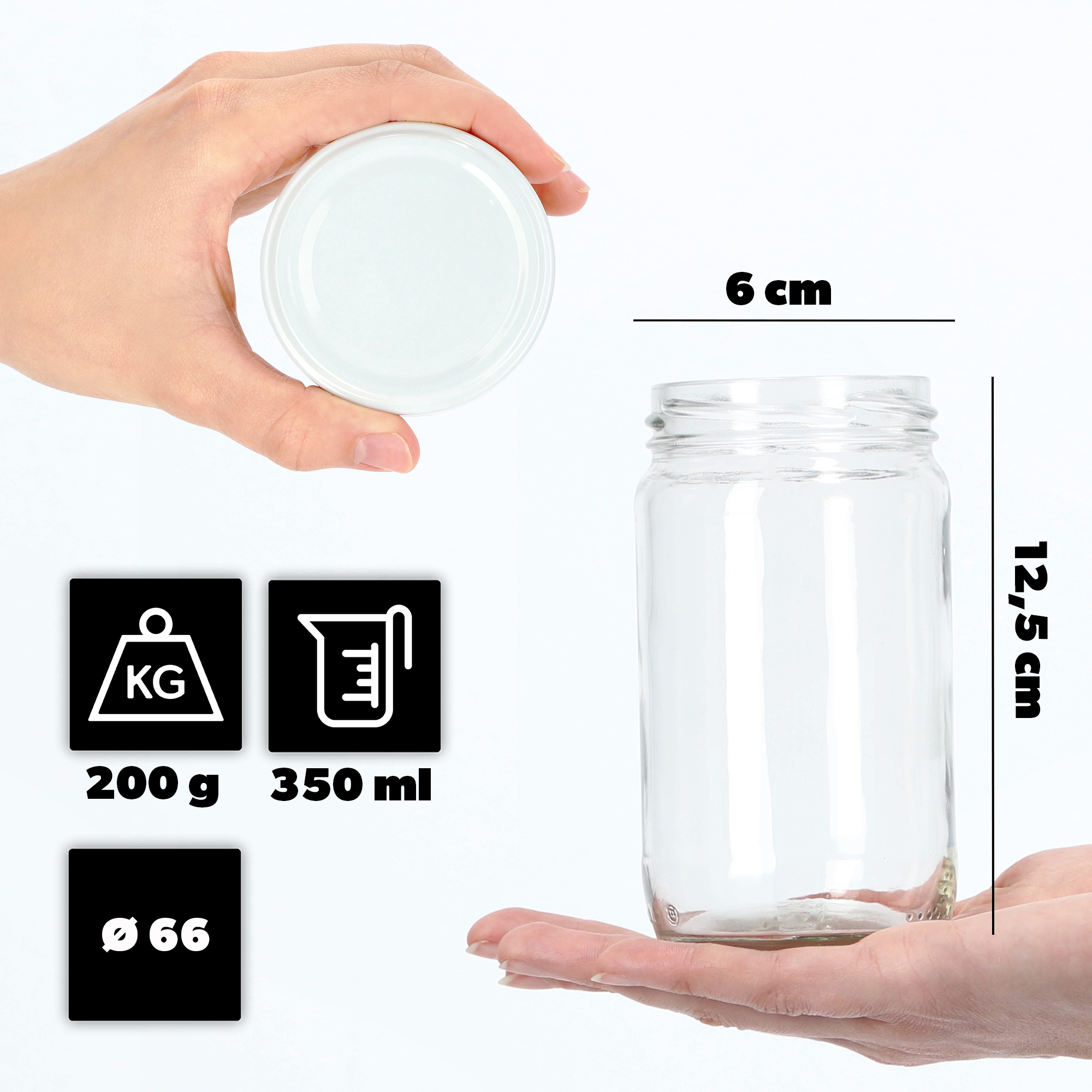 Słoiki na przetwory Gera 350ml fi 66 mm 100szt + białe wieczka