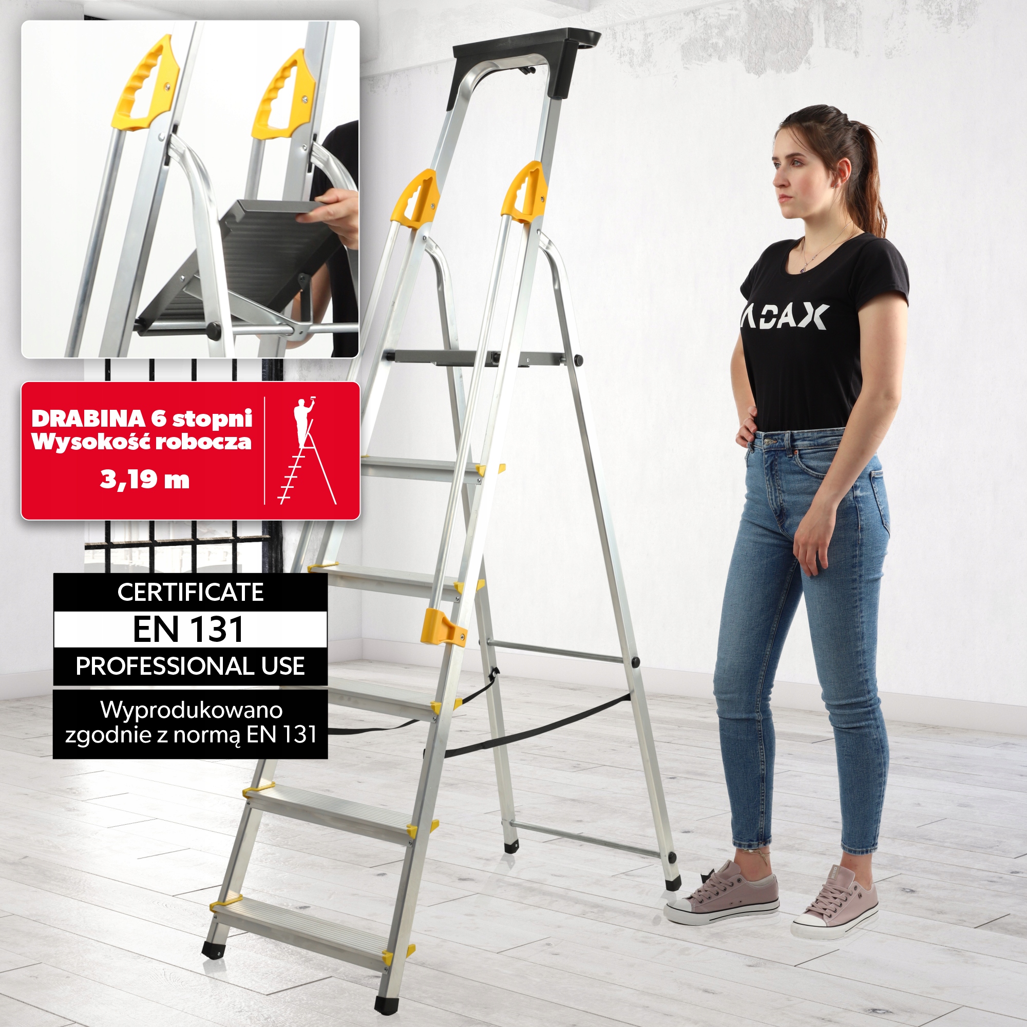 Drabina aluminiowa z podestem Bykle, 6 stopni, 150 kg