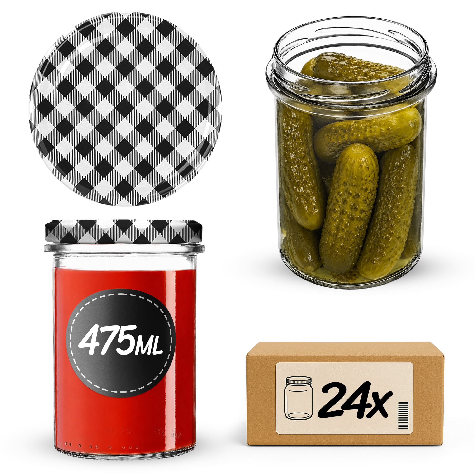 Słoiki na przetwory Befa 475ml 24szt fi 82 mm + wieczka "Czarna krata"