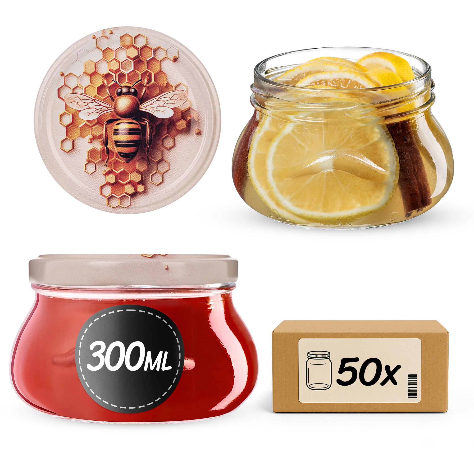 Słoiki na przetwory Raja 300ml fi 82 mm 50szt + wieczko Pszczoła