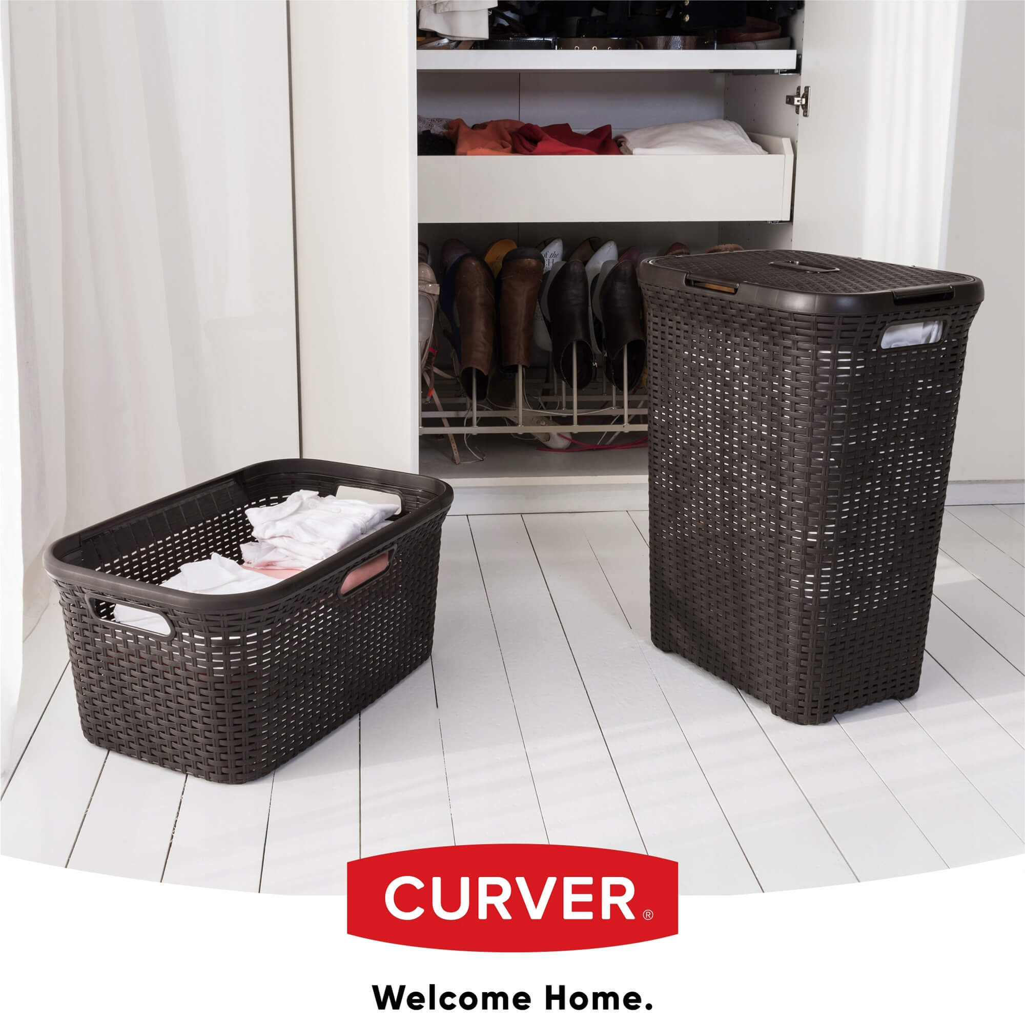 Kosz z pokrywą 60L + pojemnik 45L Curver Natural Style brązowy