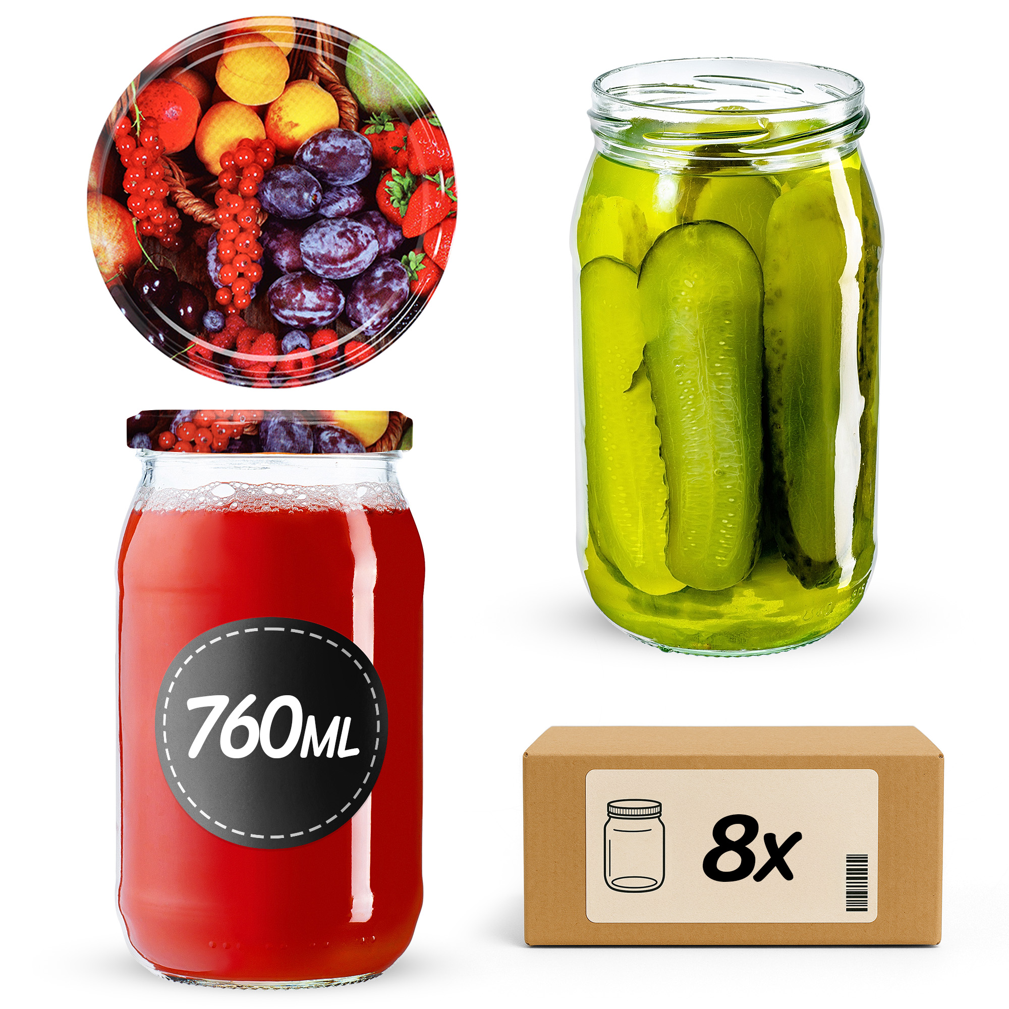 Słoiki na przetwory Niva 760ml 8szt fi 82 mm + wieczka "Owoce"