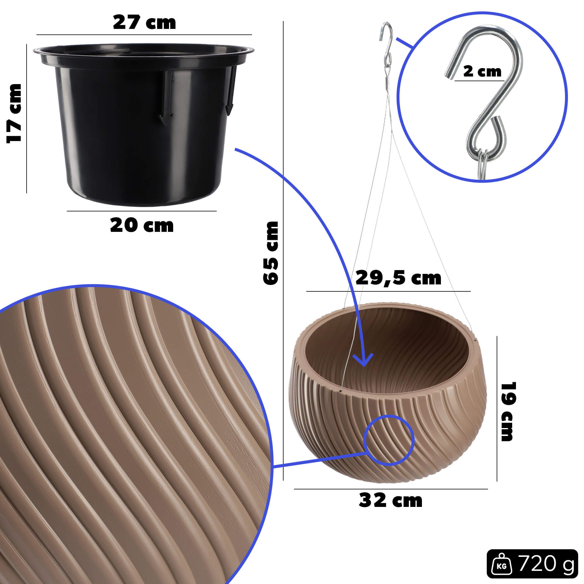 Doniczka wisząca z wkładem Rucas 29 cm, beż