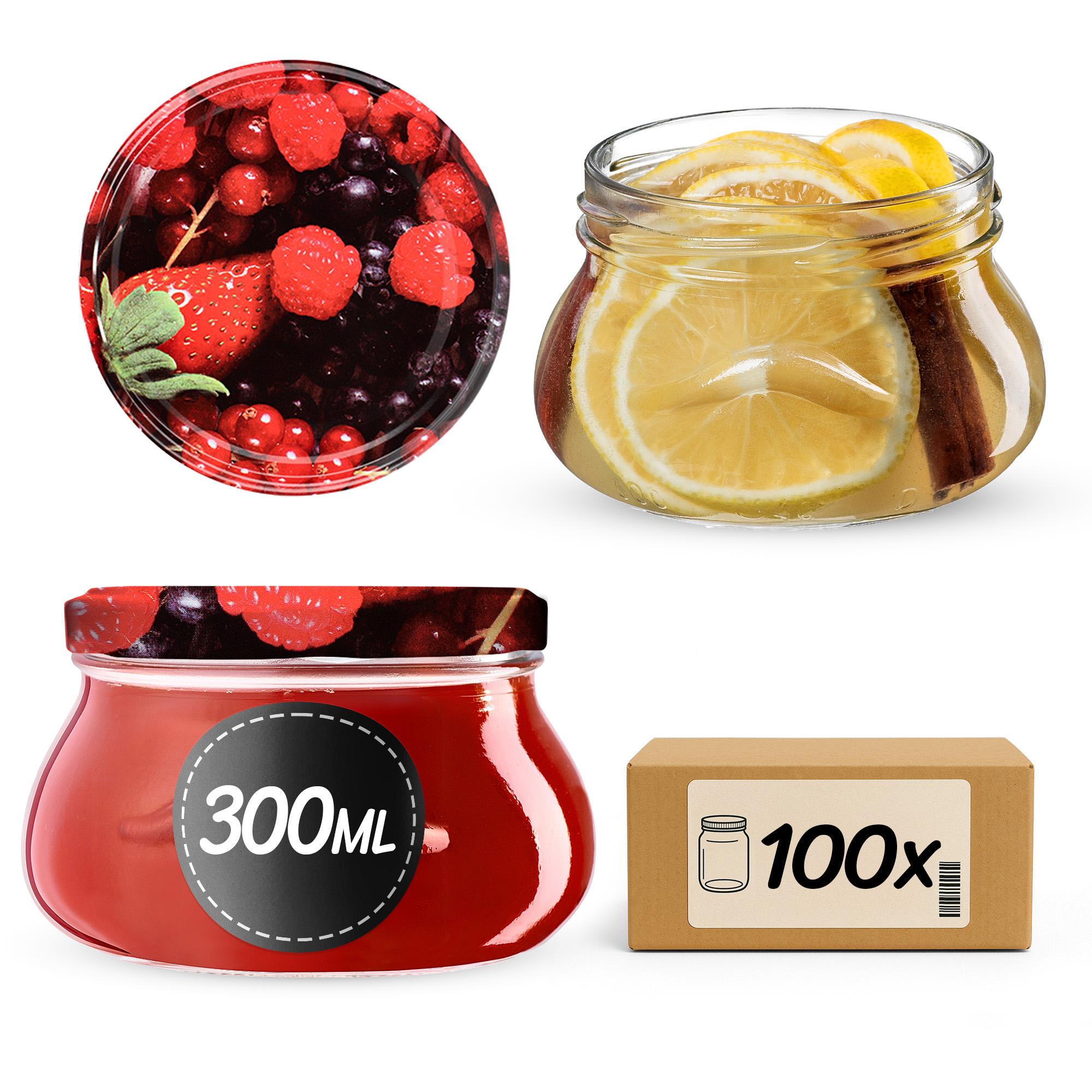 Słoiki na przetwory Raja 300ml 100szt fi 82 mm + wieczka "Owoce leśne"