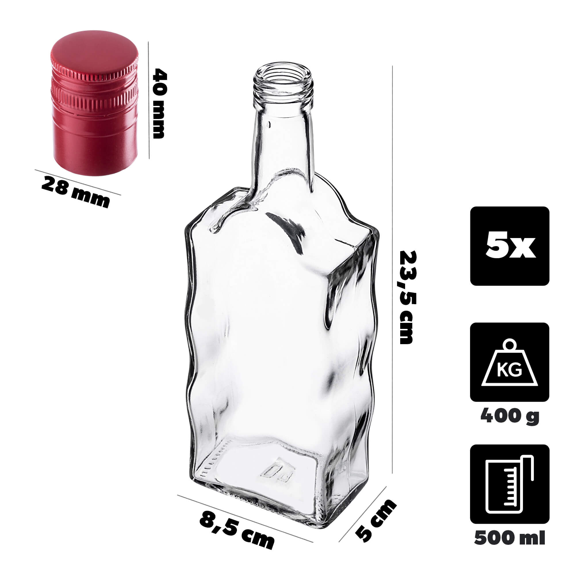 Szklana butelka na nalewkę Fala 500ml z długą czerwoną zakrętką 5 szt.