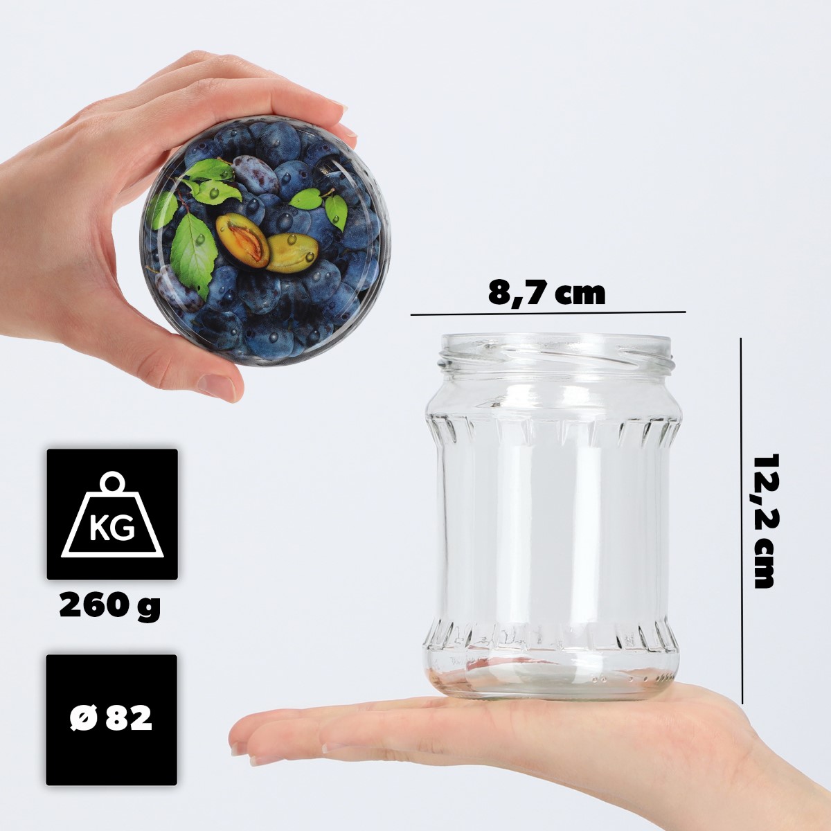 Słoiki na przetwory Kisko 500ml 16szt fi 82 mm + wieczka "Śliwki"