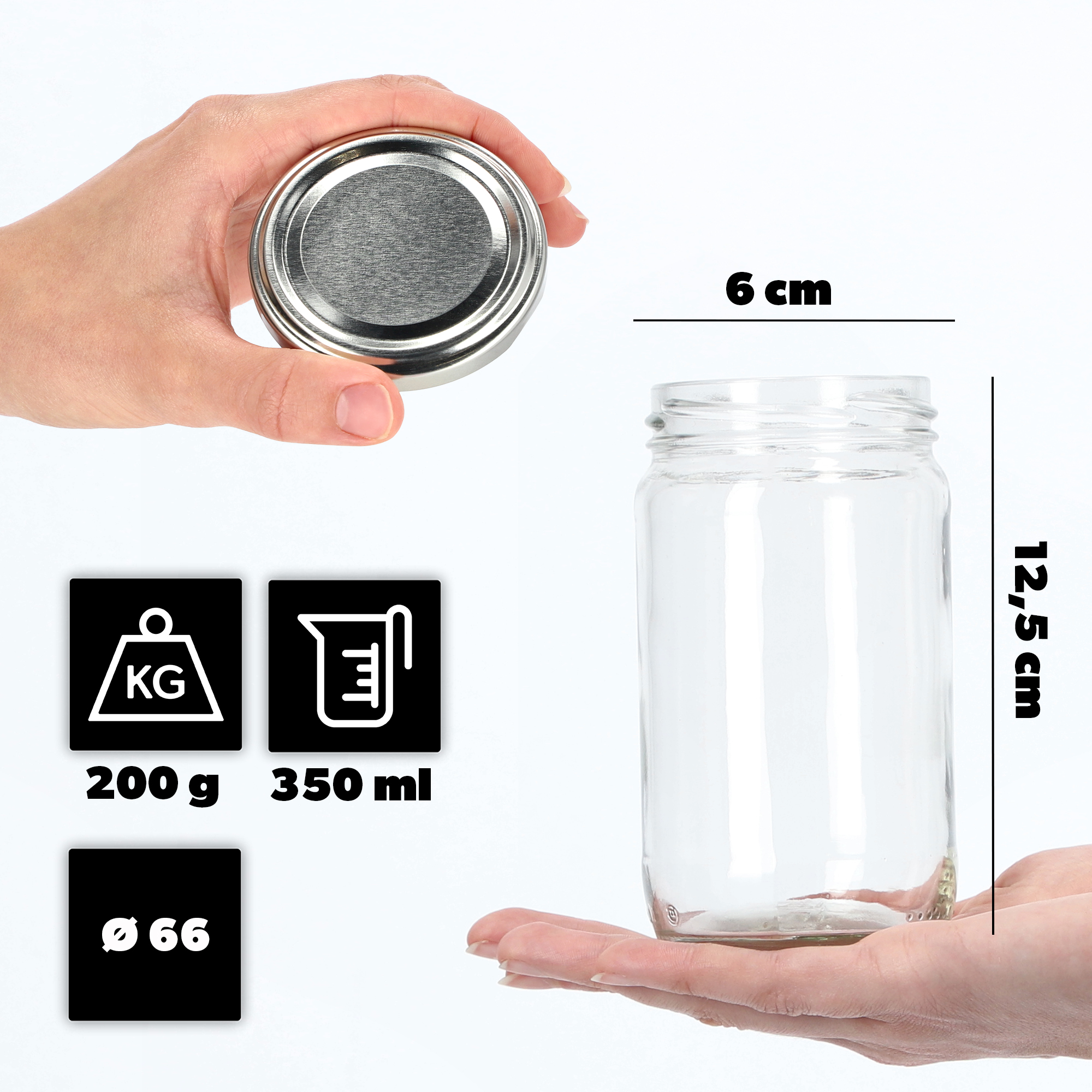 Słoiki na przetwory Gera 350ml fi 66 mm 10szt + srebrne wieczka