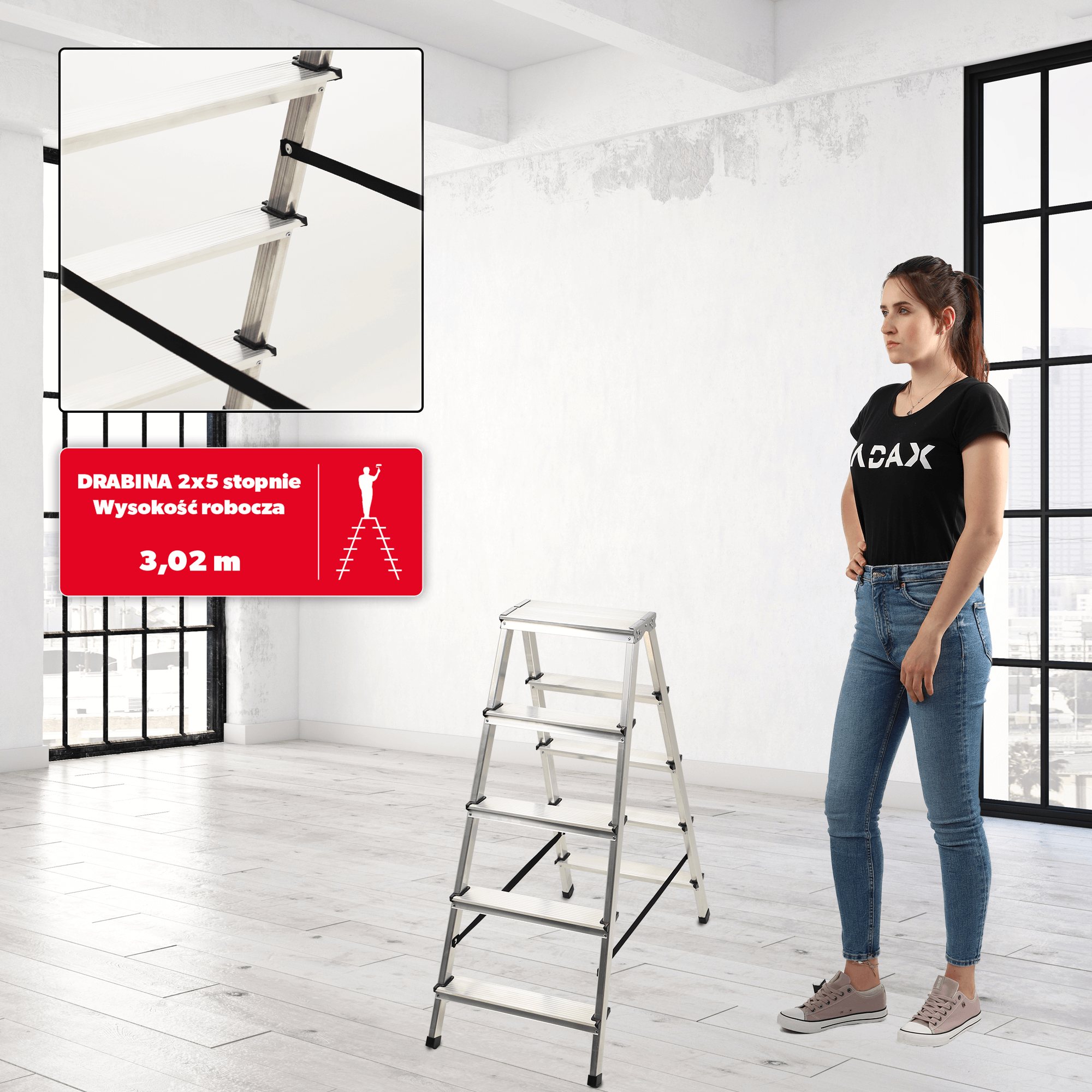 Drabina aluminiowa z podestem Molde, 5 stopni, 125 kg