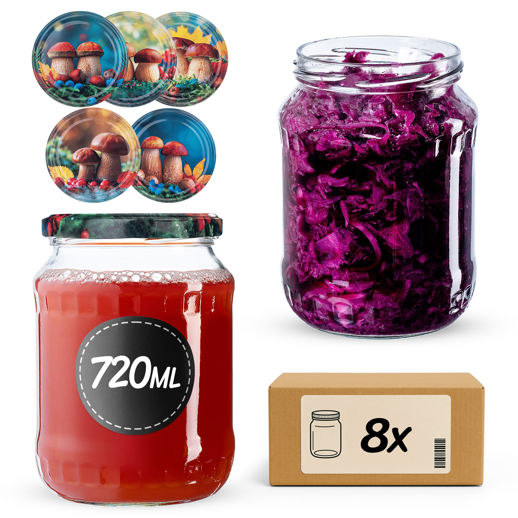 Słoiki na przetwory Jukka 720ml fi 82 mm 8szt + wieczko Grzyb polski