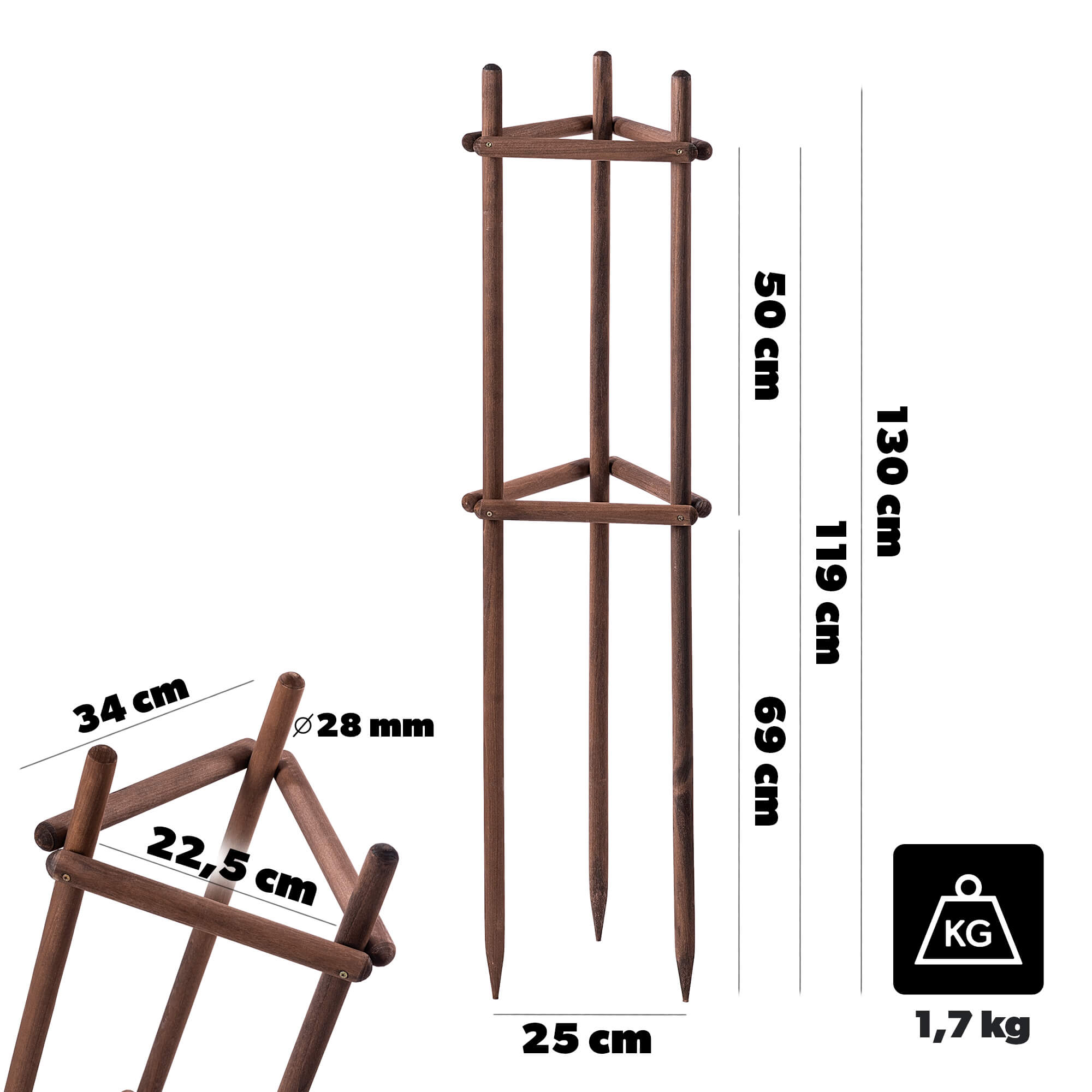 Podpora ogrodowa trójnóg Redon 130 cm drewniana brązowa