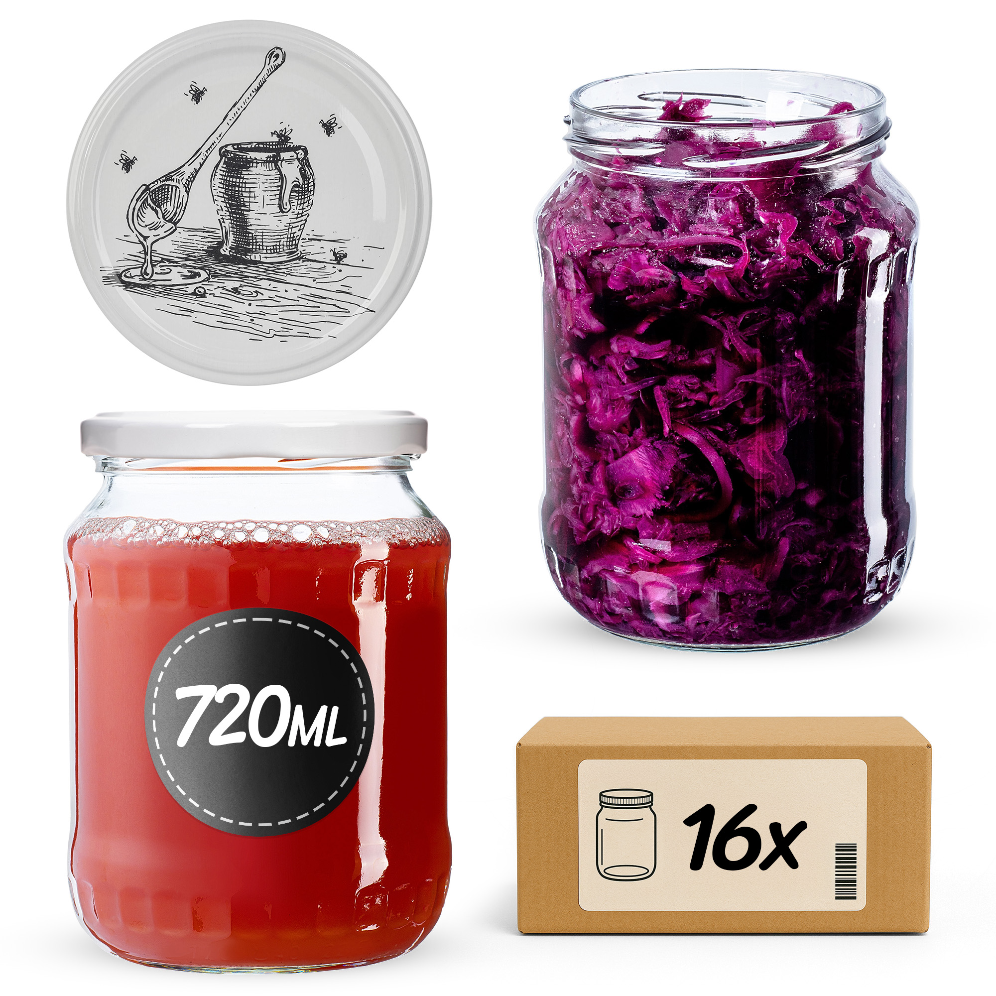 Słoiki na przetwory Jukka 720ml fi 82 mm 16szt + wieczko Pszczoła