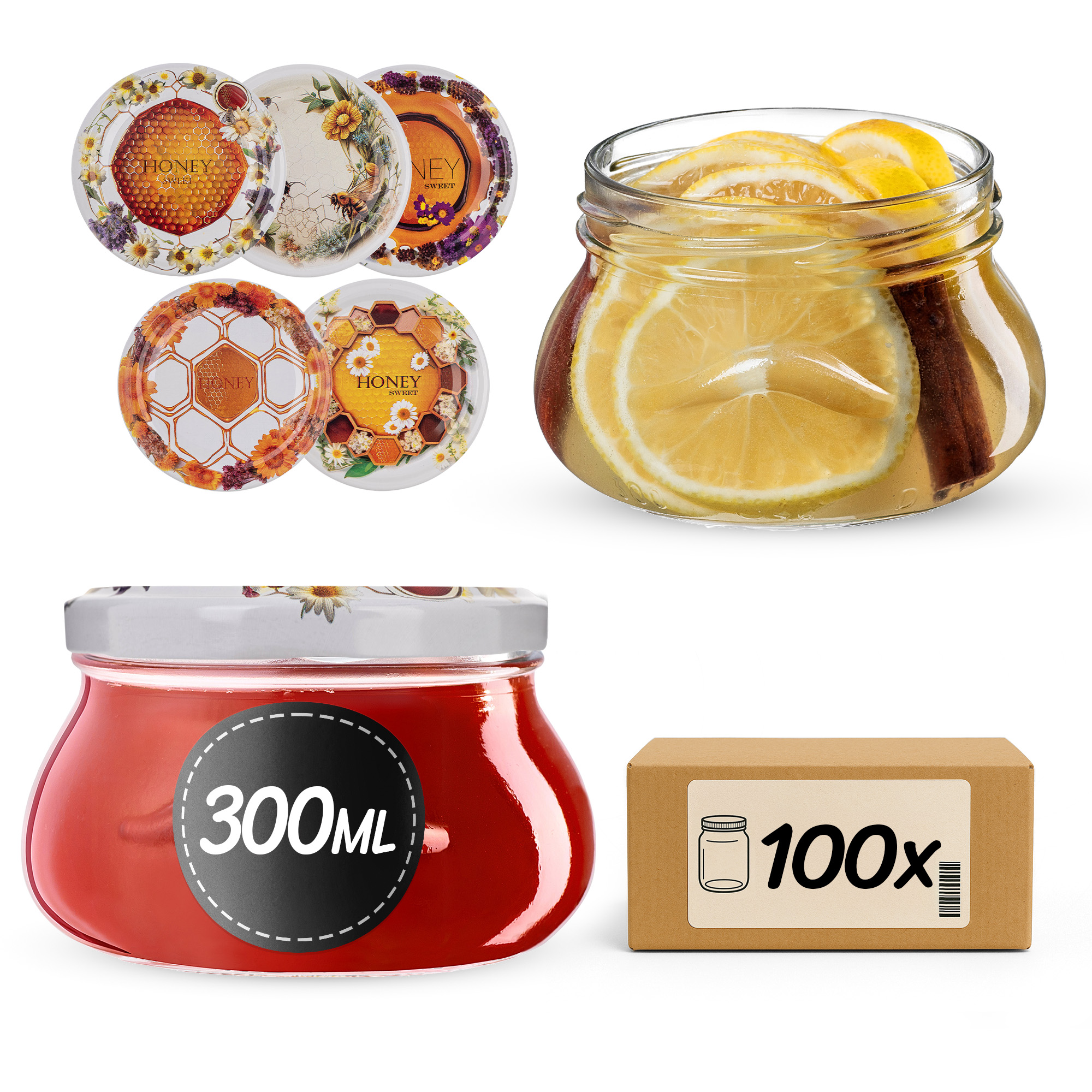 Słoiki na przetwory Raja 300ml fi 82 mm 100szt + wieczko Miodowy mix