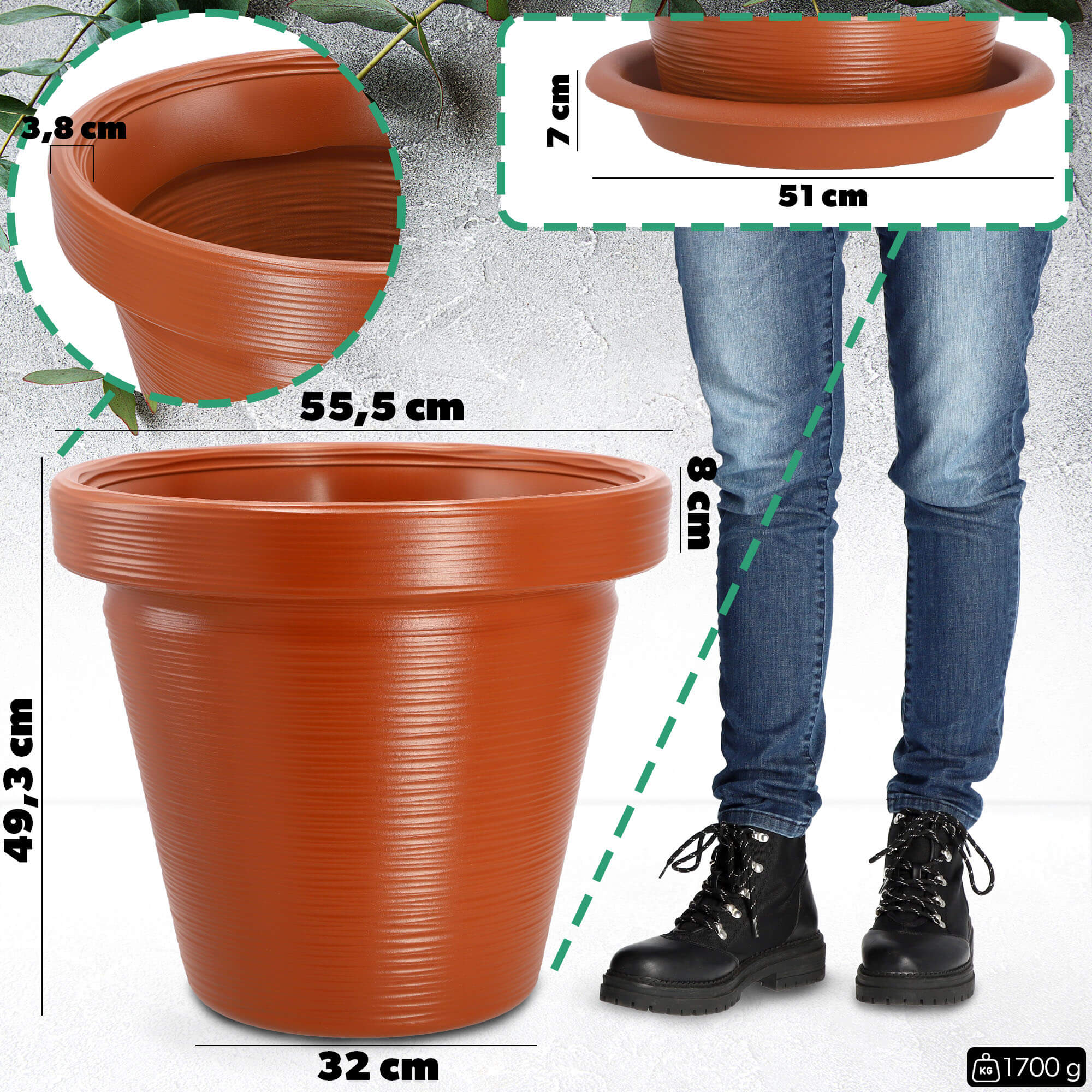 Donica z podstawką Cieza 55 cm, terrakota