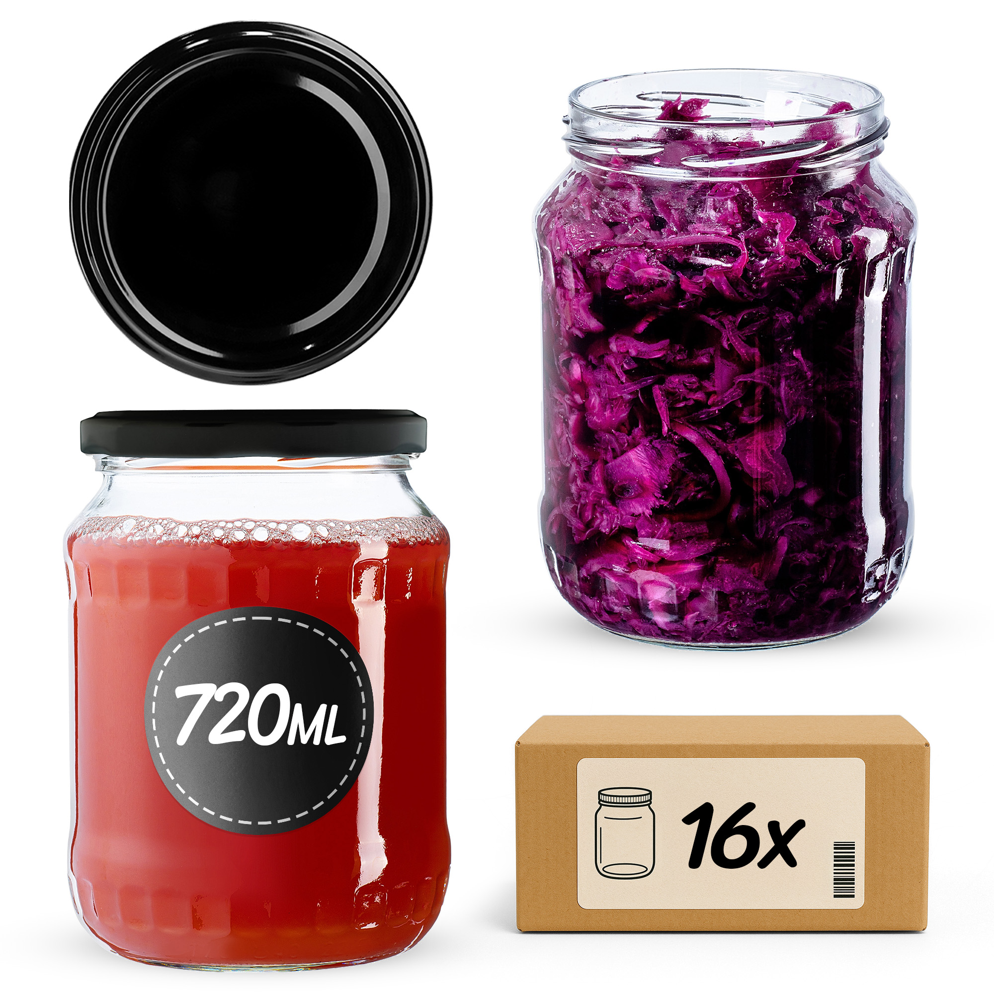 Słoiki na przetwory Jukka 720ml 16szt fi 82 mm + wieczka czarne