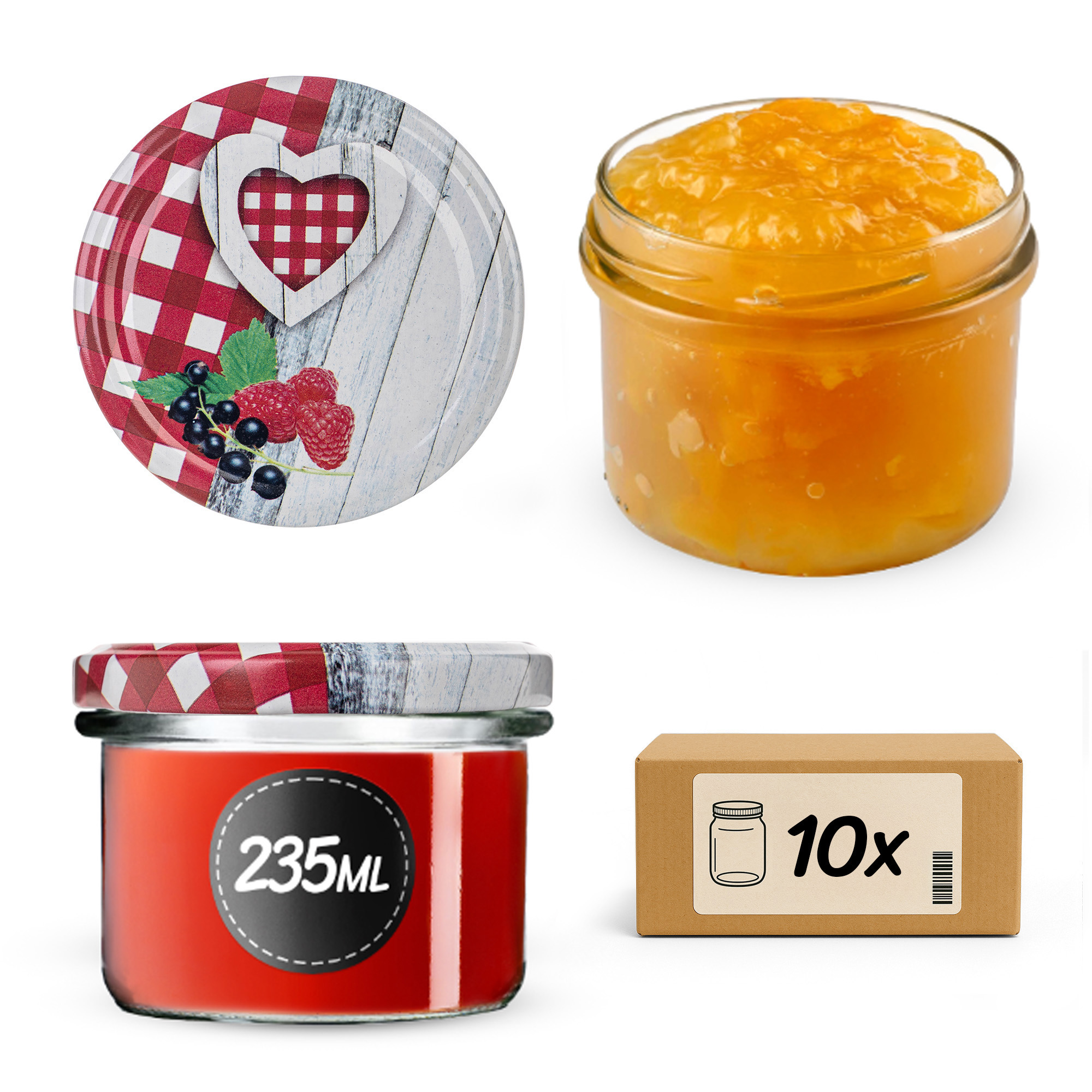 Słoiki na przetwory Tartu 235ml fi 82 mm 10szt + wieczko Krata z serduszkiem