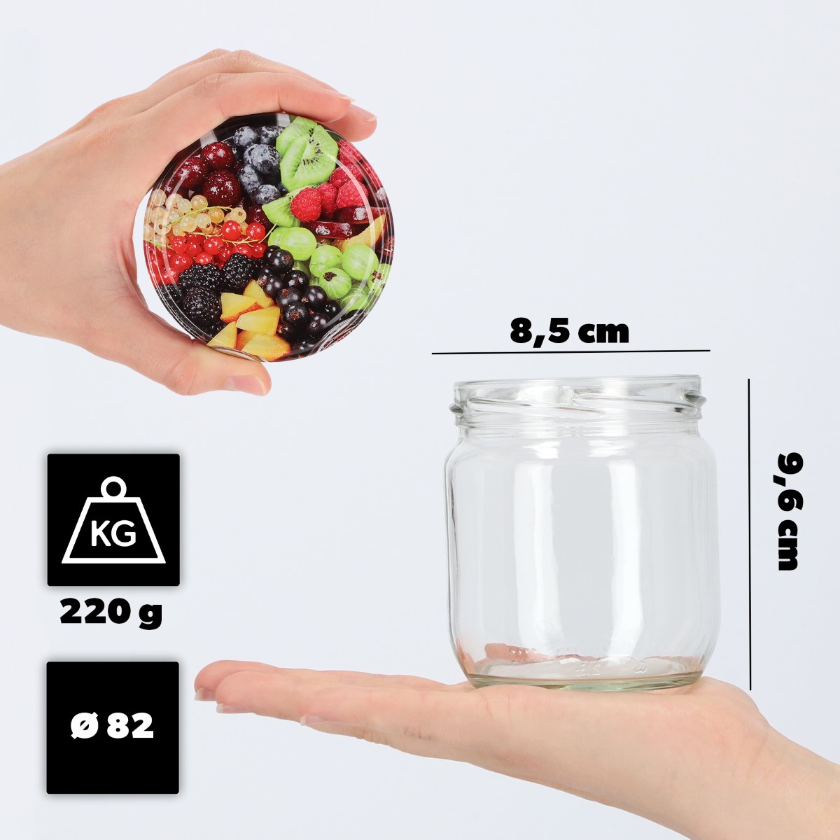 Słoiki na przetwory Salla 425ml 48szt fi 82 mm + wieczka "Mix owoców"