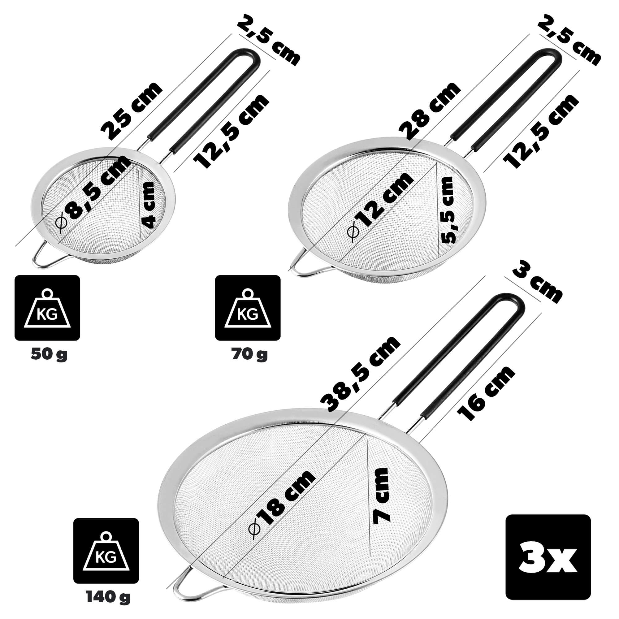Zestaw 3 sitek ze stali nierdzewnej Pigna 8.5 cm 12.5 cm 18 cm