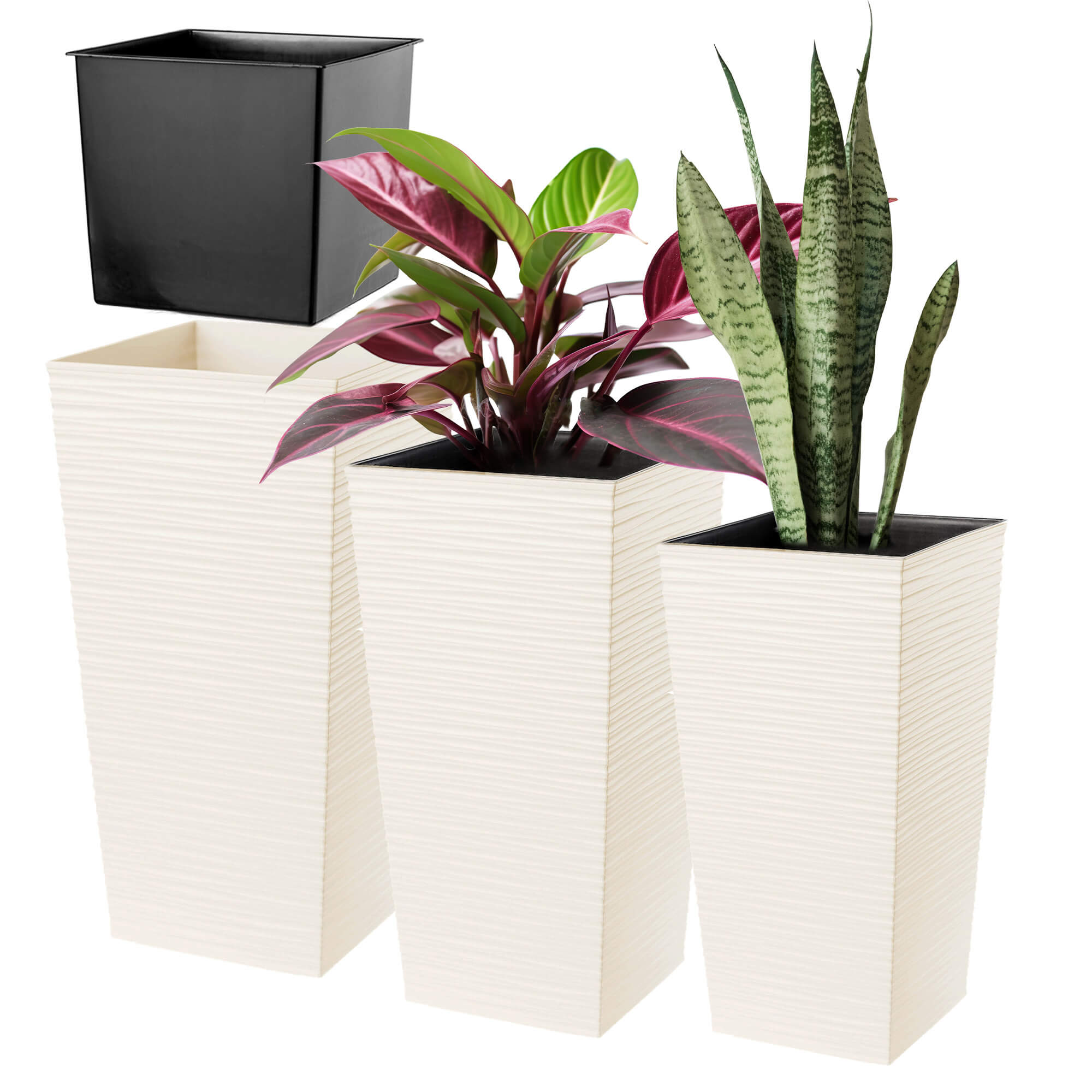 Donice z wkładem Tuluza dłuto 25 cm + 30 cm + 35 cm, kremowe
