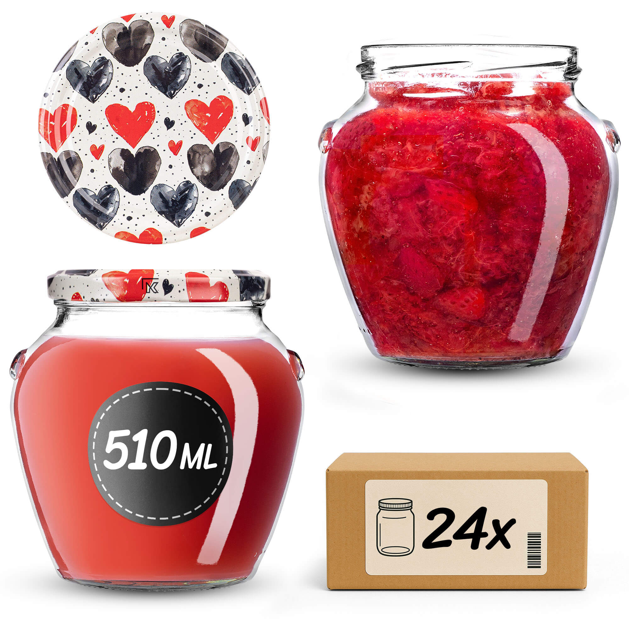 Słoiki na przetwory Sassa 580ml 24szt fi 82 mm + wieczka "Czarno-czerwone serca"