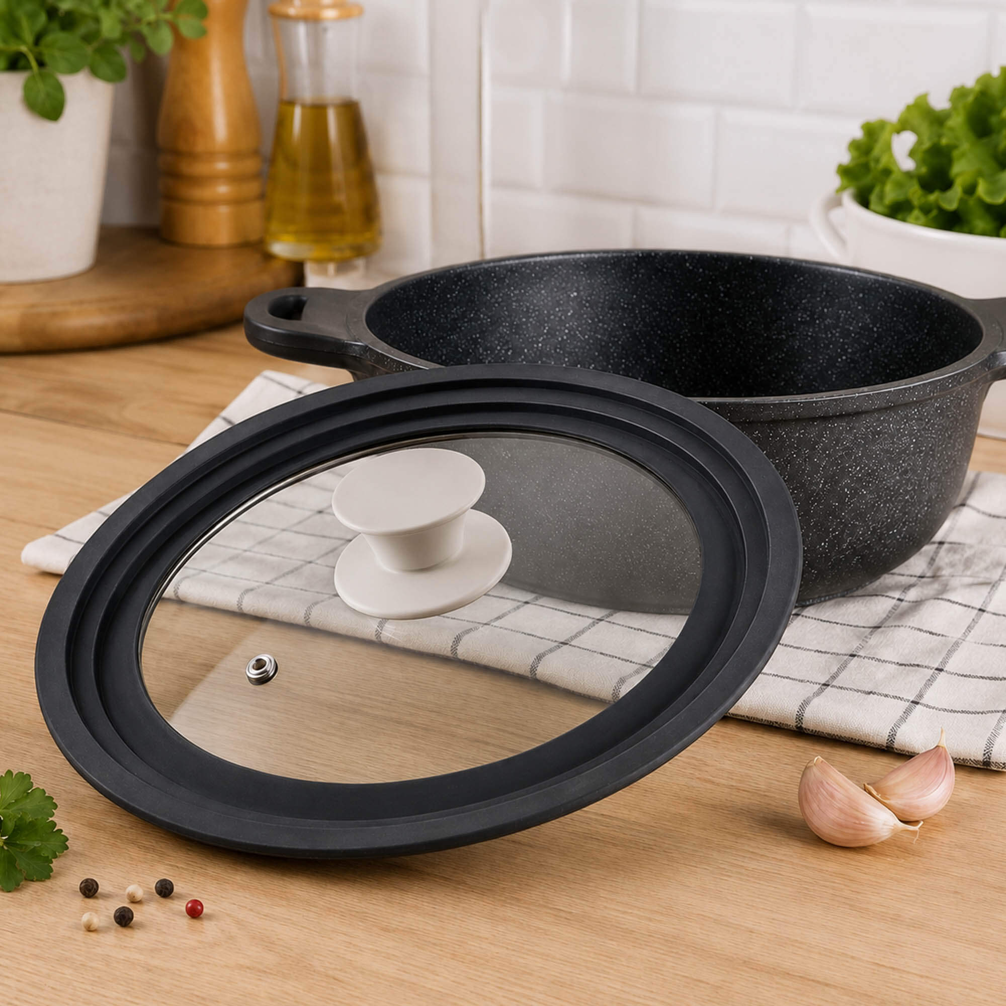 Pokrywa szklana multisize Aiola na garnek 20/22/24 cm z beżowym uchwytem