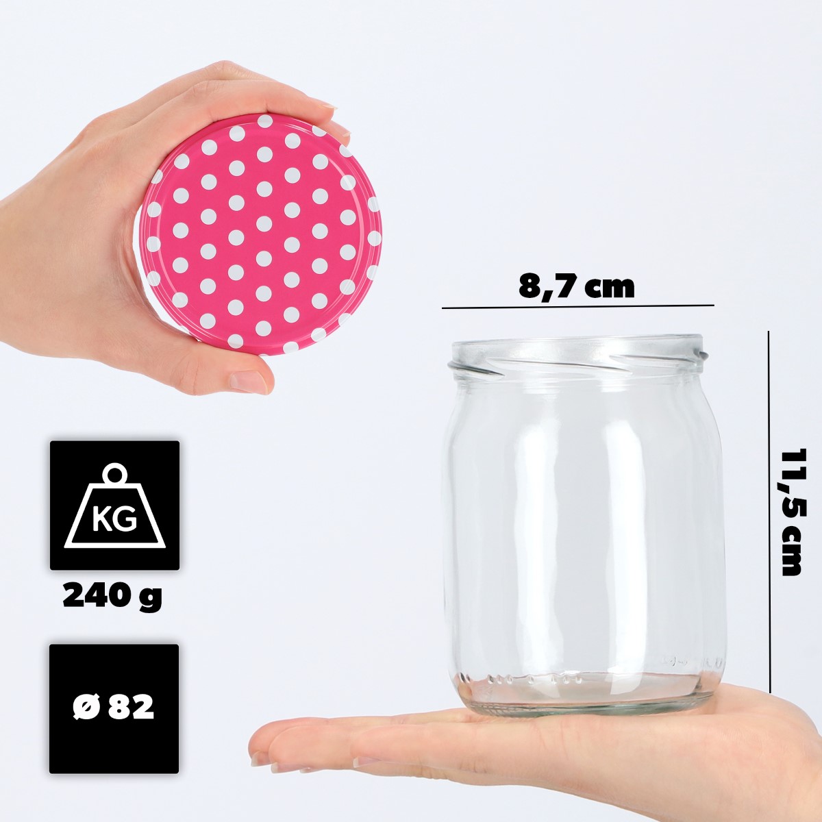 Słoiki Senna 540ml 48szt fi 82 mm + wieczka "Różowy groszek"