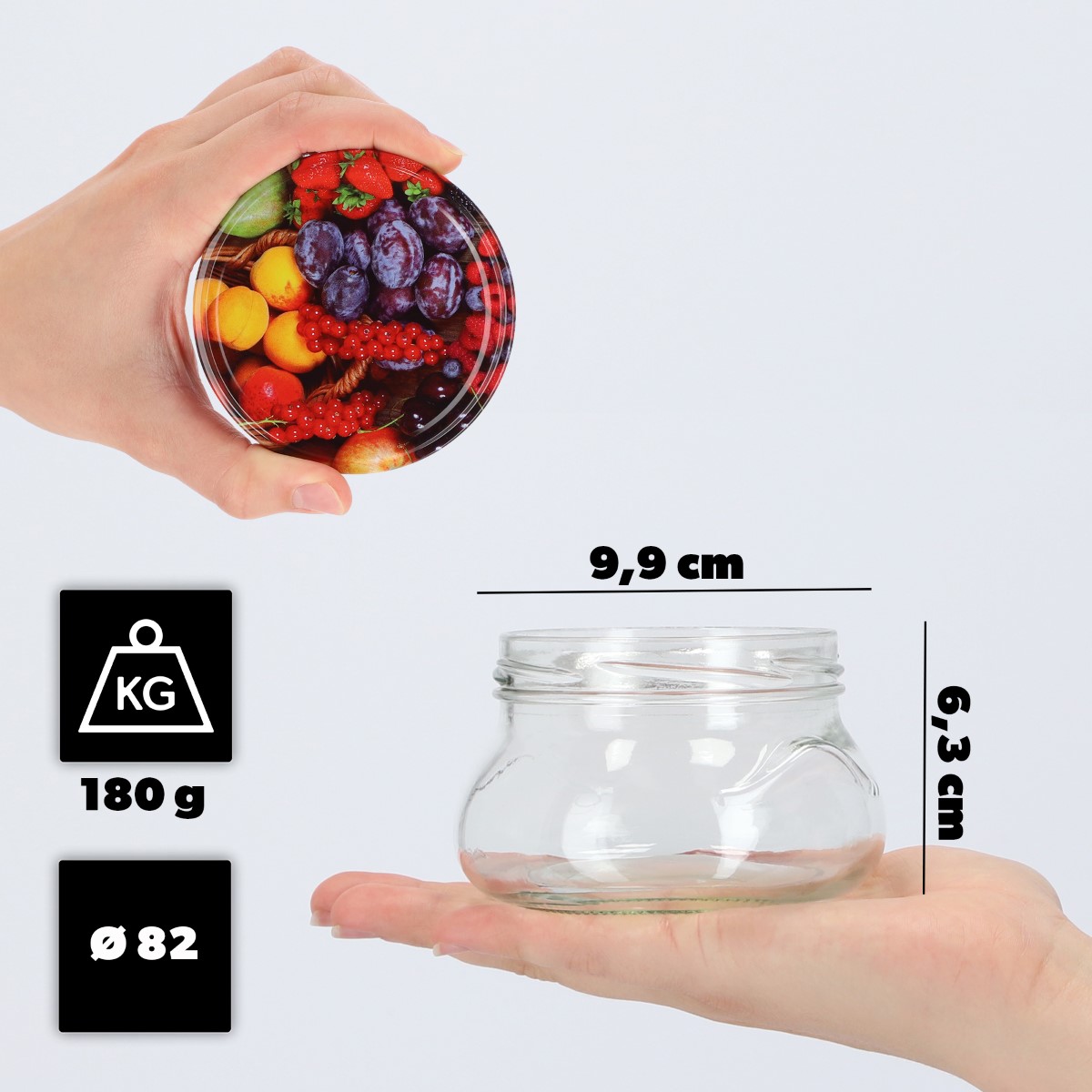 Słoiki na przetwory Raja 300ml 10szt fi 82 mm + wieczka "Owoce"