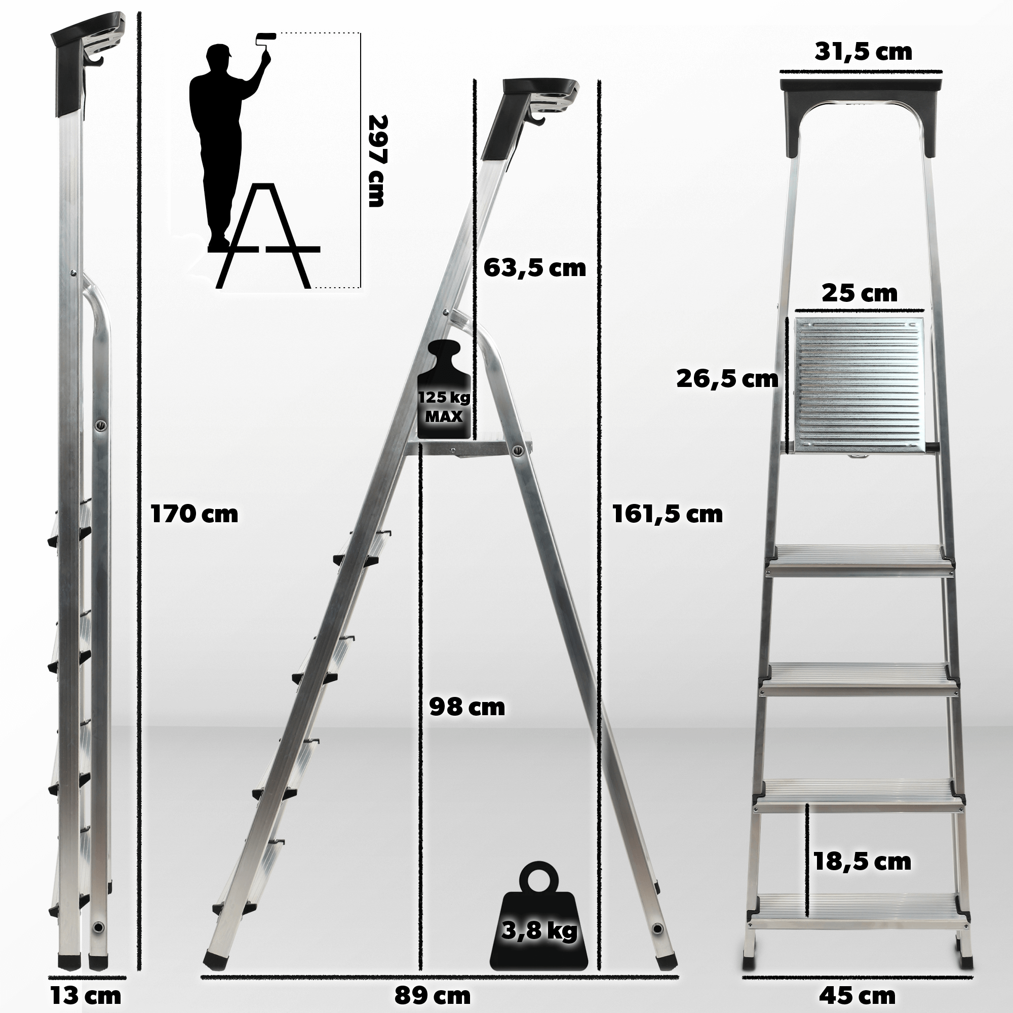 Drabina aluminiowa z podestem Vulvik, 5 stopni, 125 kg