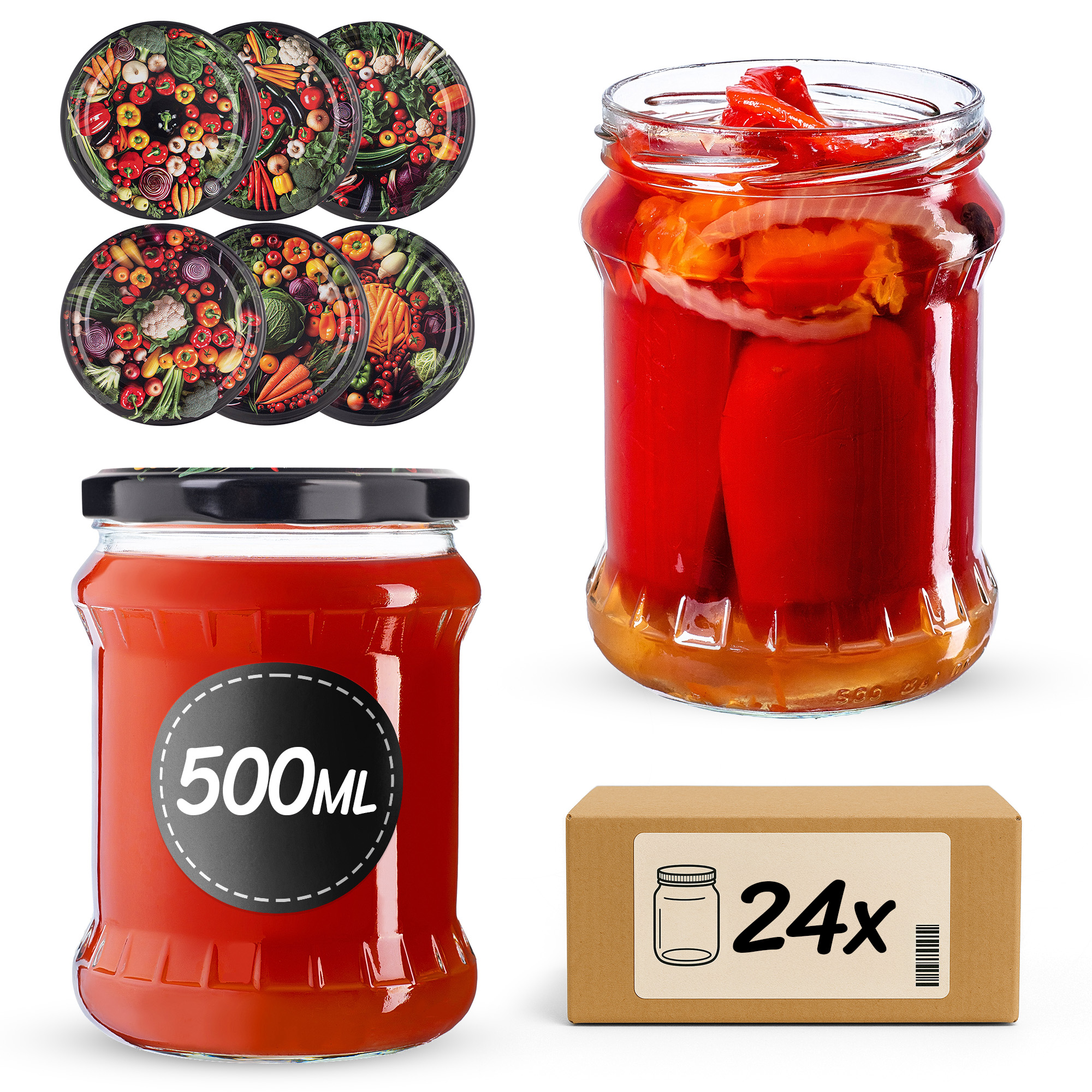 Słoiki na przetwory Kisko 500ml fi 82 mm 24szt + wieczko Warzywa mix