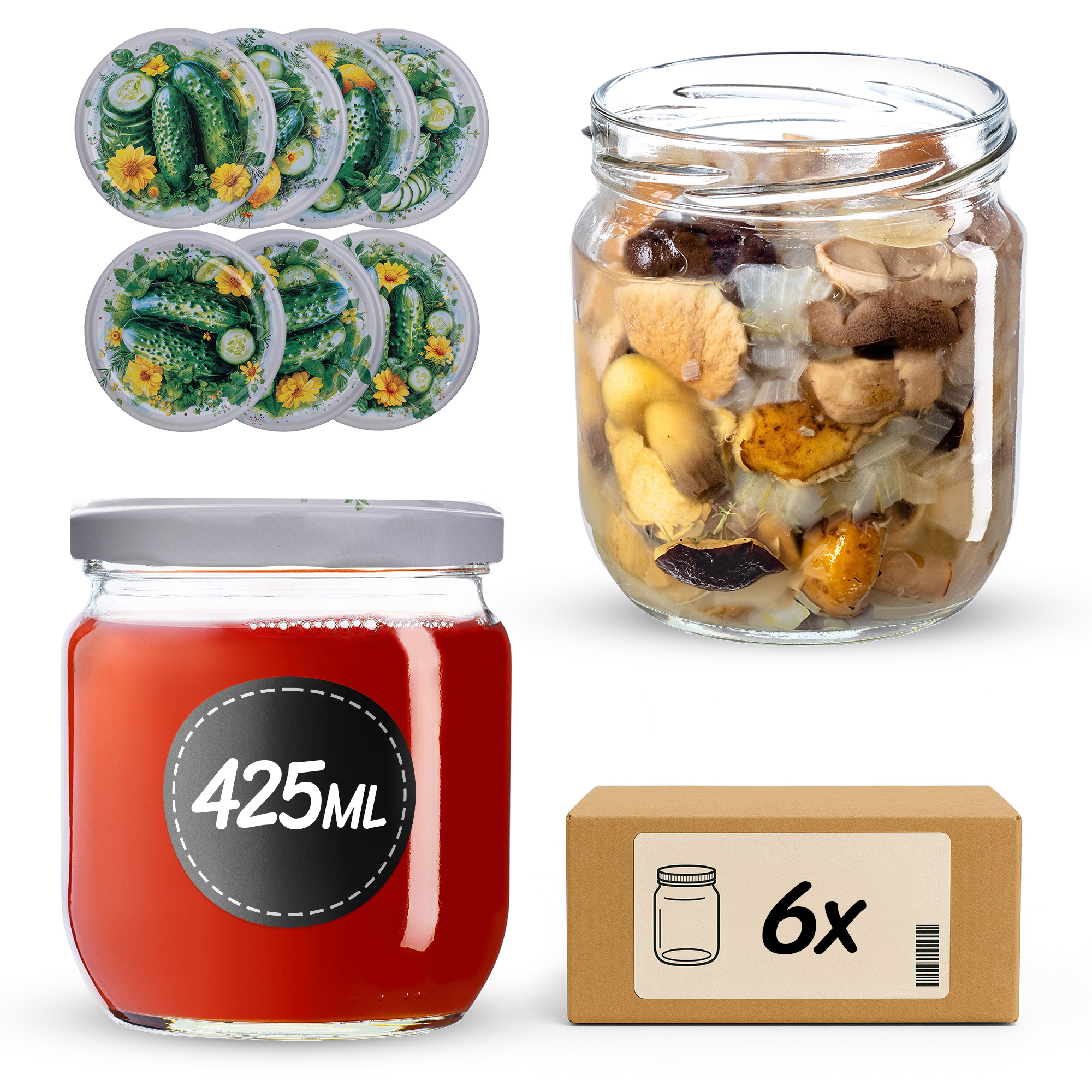 Słoiki na przetwory Salla 425ml fi 82 mm 6szt + wieczko Kompozycja ogórkowa