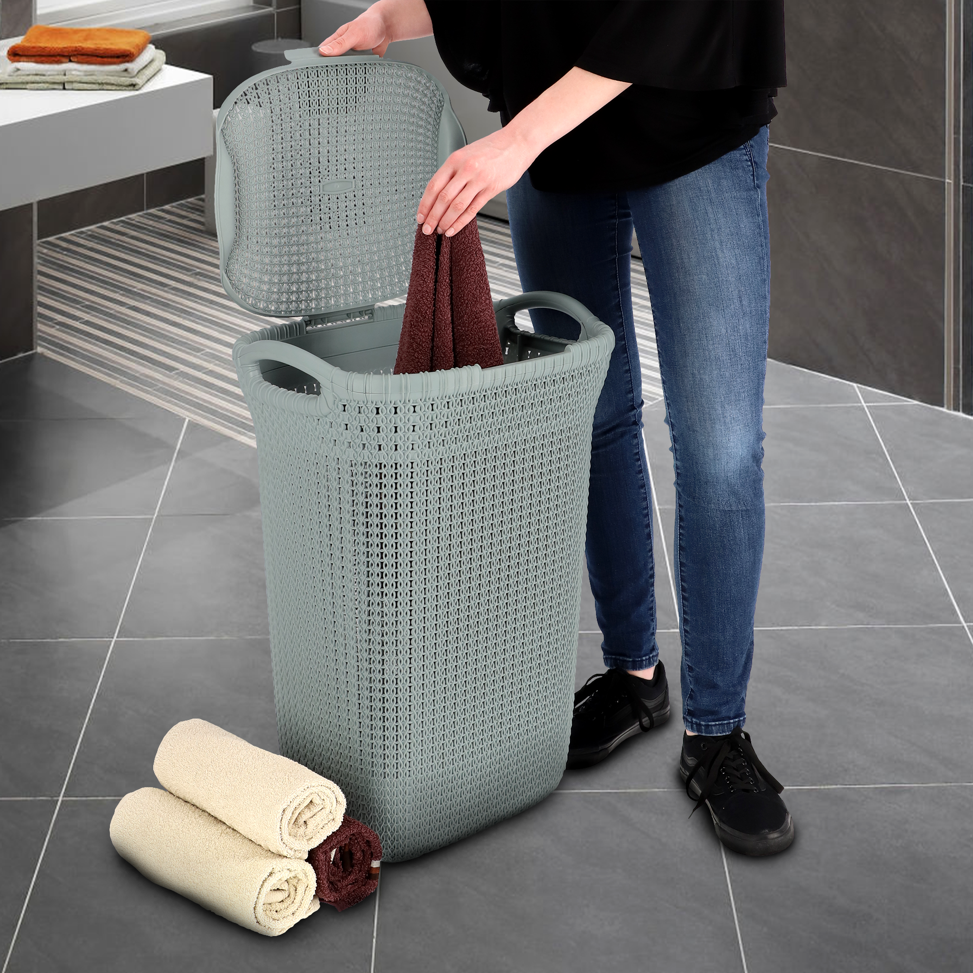 Kosz z pokrywą Curver Knit 57L, szaroniebieski
