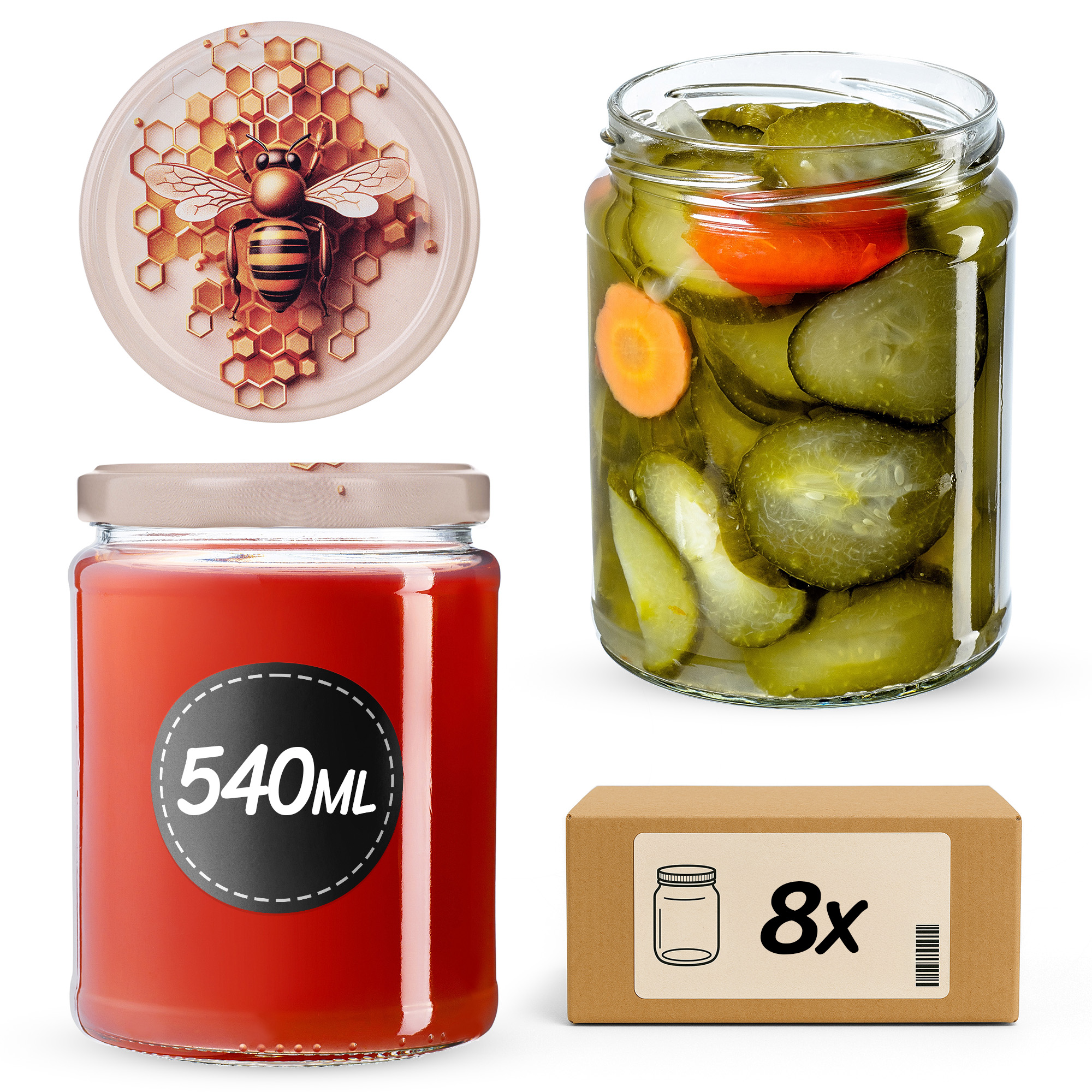 Słoiki na przetwory Maki 540ml fi 82 mm 8szt + wieczko Pszczoła