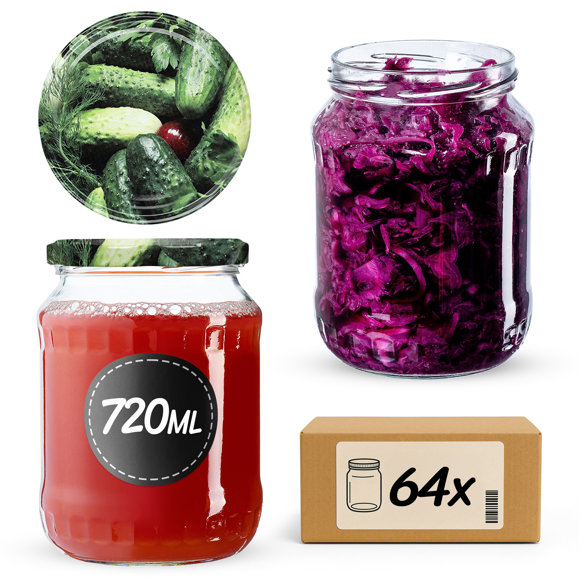 Słoiki na przetwory Jukka 720ml 64szt fi 82 mm + wieczka "Ogórki"