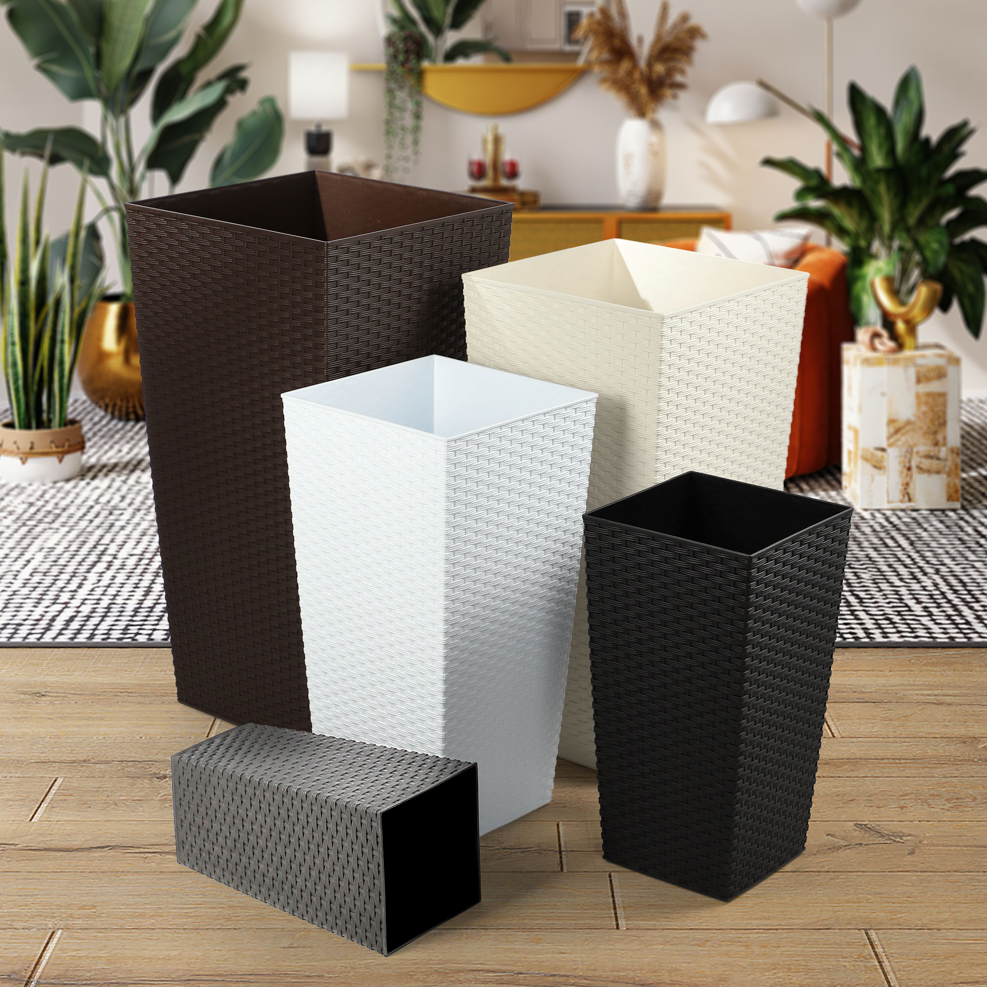 Donice na kwiaty z wkładem Pesaro rattan 19 cm + 25 cm + 30 cm, czarne