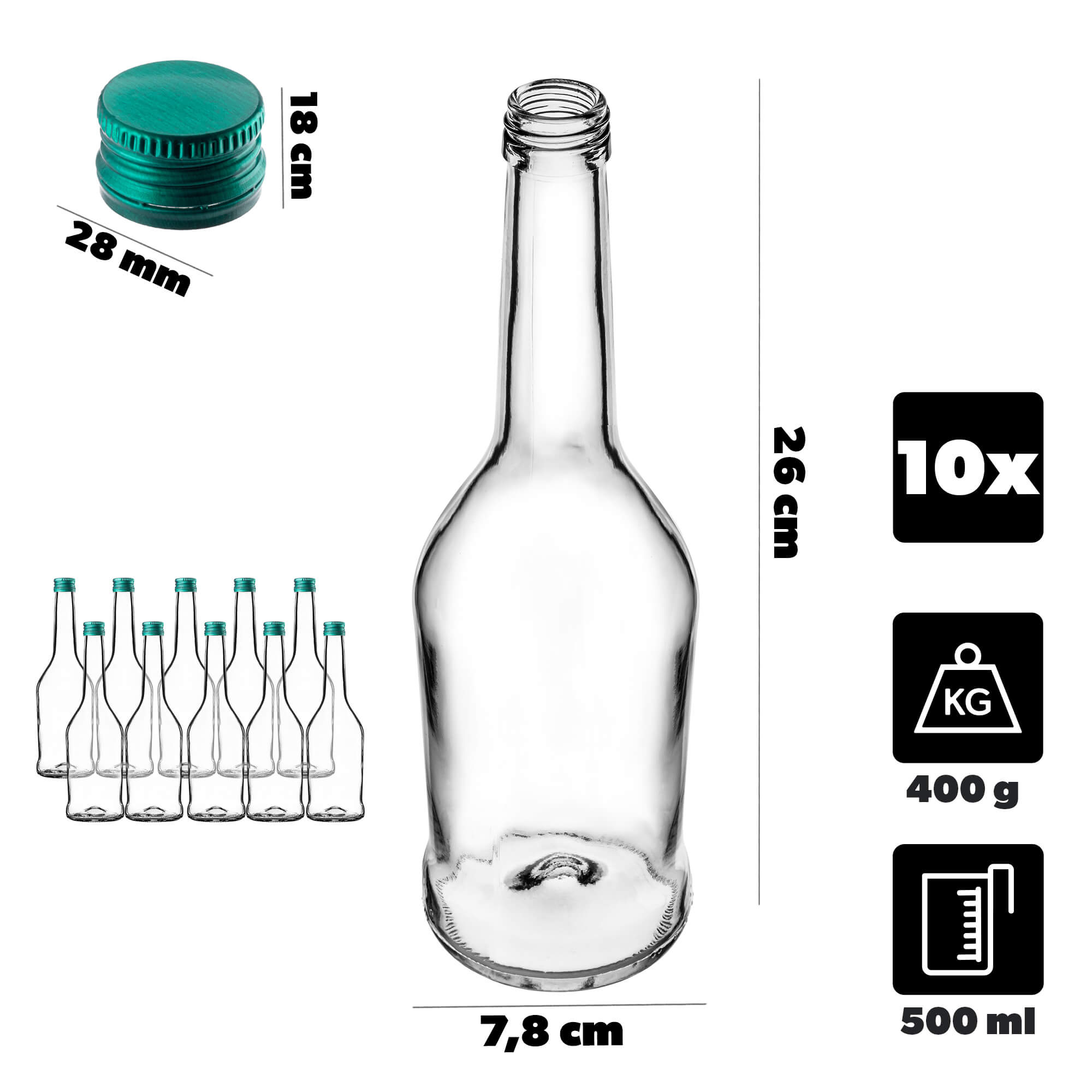 Szklana butelka na nalewkę Loiret 500ml z zieloną zakrętką 10 szt.
