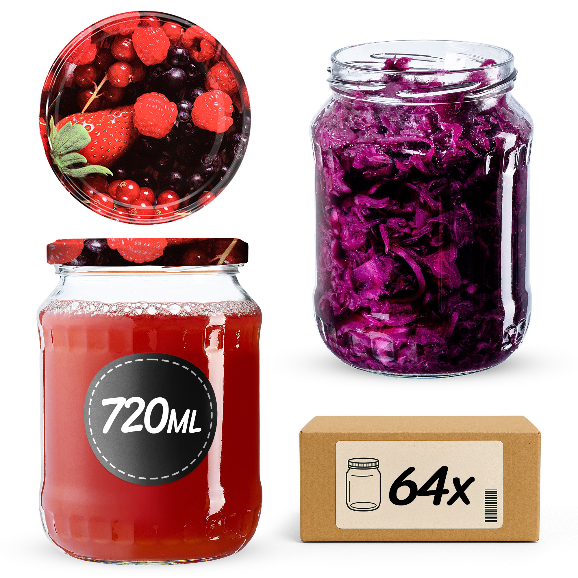 Słoiki na przetwory Jukka 720ml 64szt fi 82 mm + wieczka "Owoce leśne"