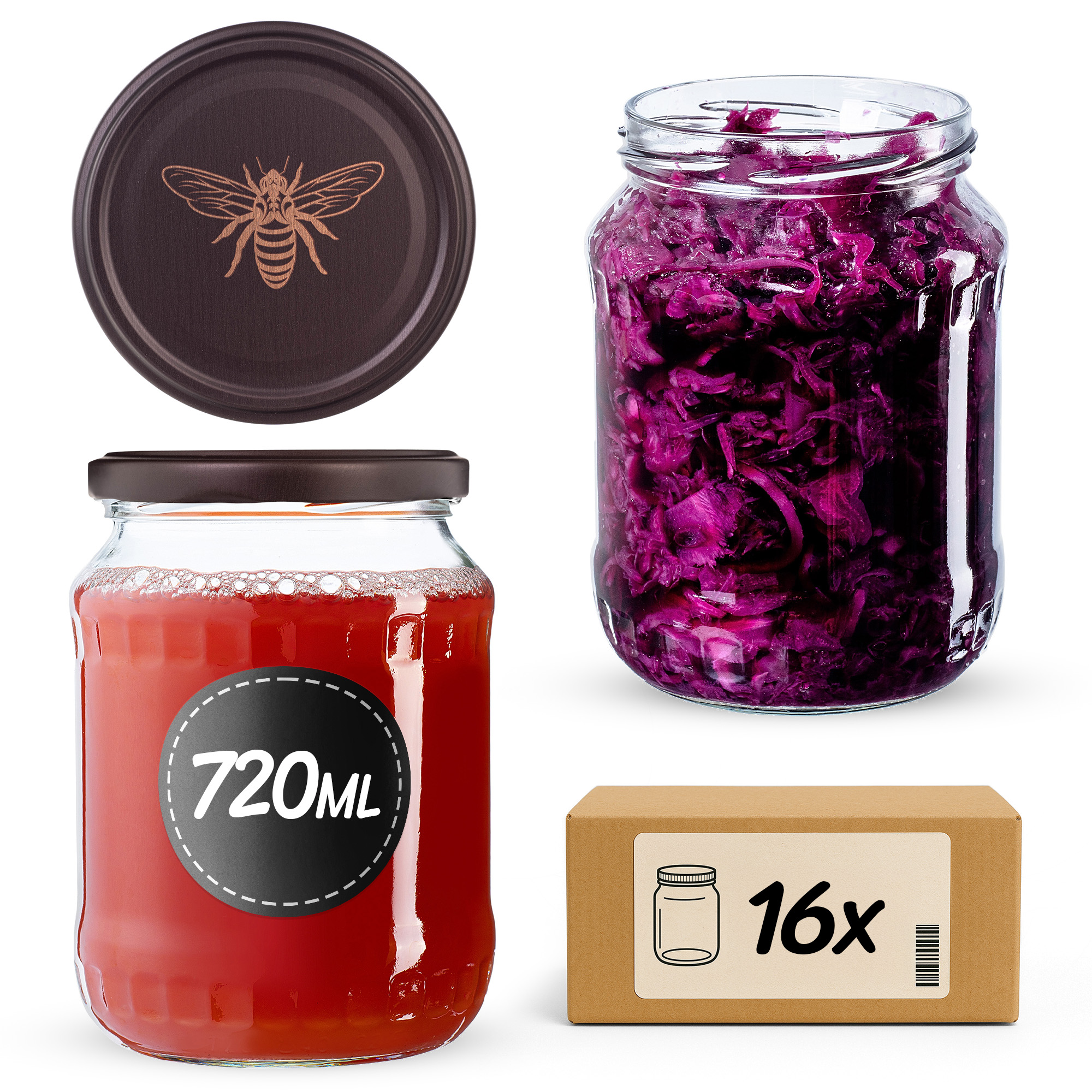 Słoiki na przetwory Jukka 720ml fi 82 mm 16szt + wieczko Pszczoła