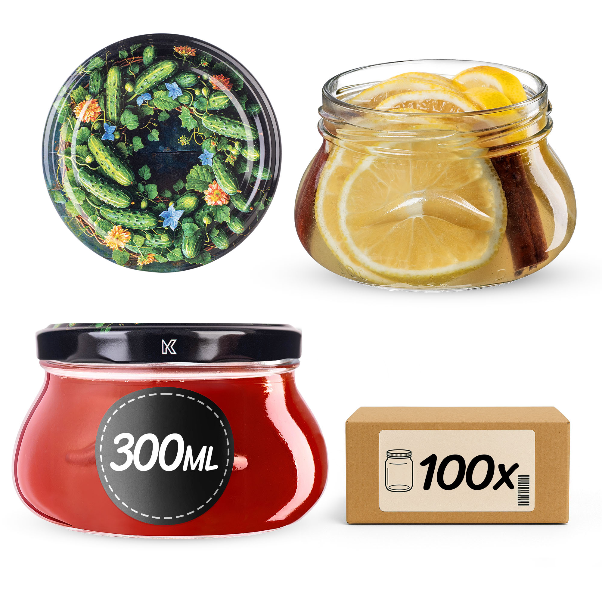 Słoiki na przetwory Raja 300ml fi 82 mm 100szt + wieczko Ogórki czarne