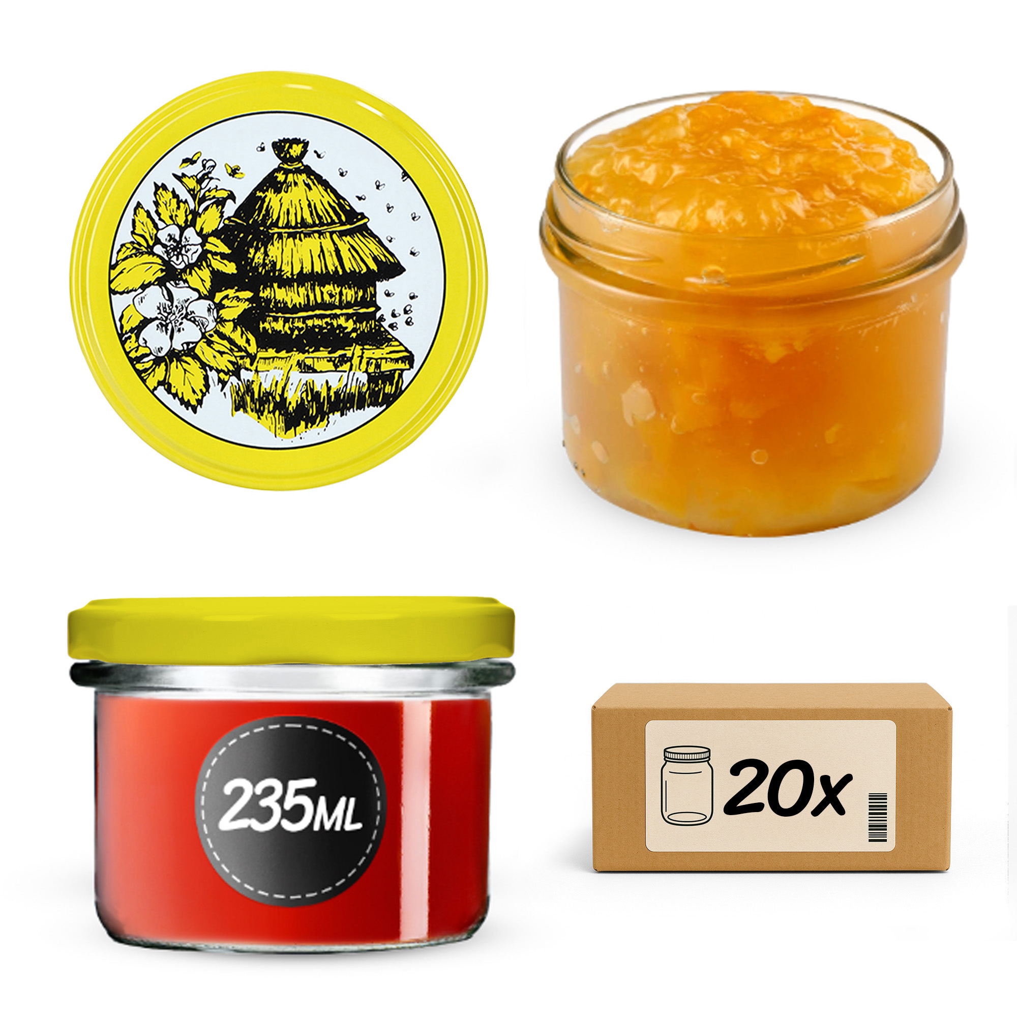 Słoiki na przetwory Tartu 235ml 20szt fi 82 mm + wieczka "Pszczoły"