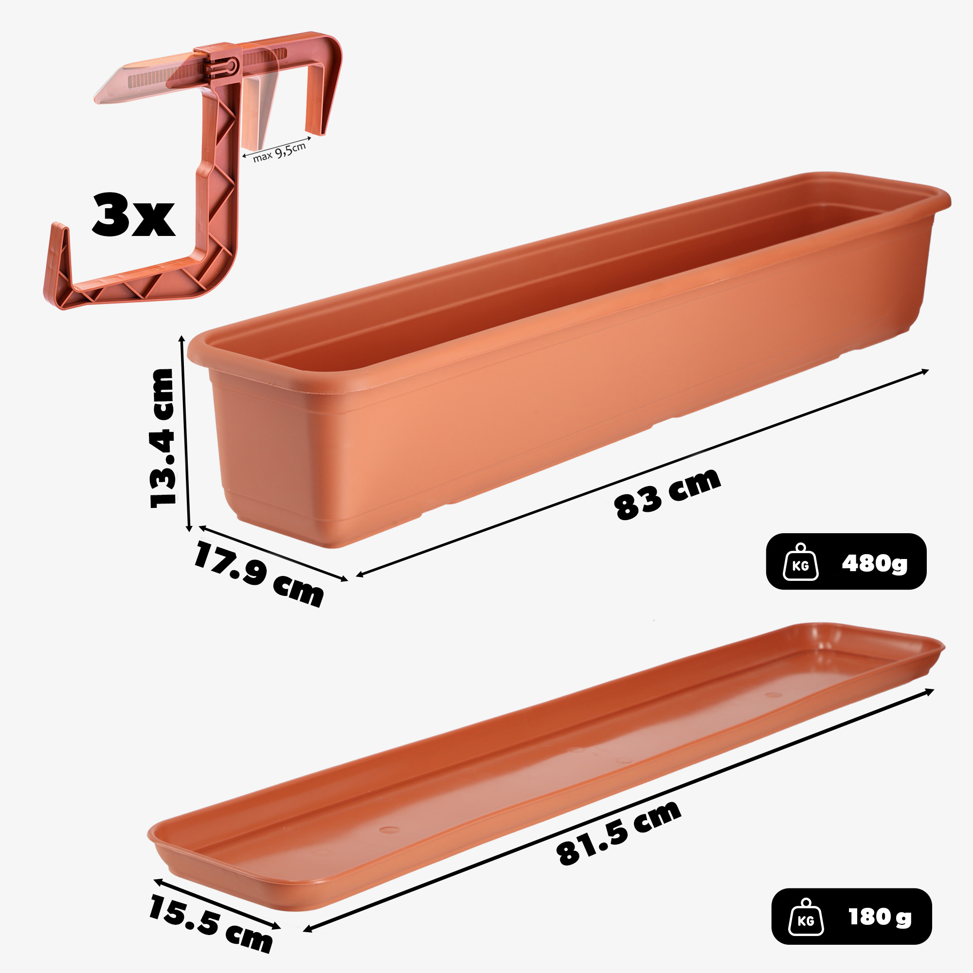 Skrzynka balkonowa z podstawką i uchwytami Evron 80 cm, terrakota