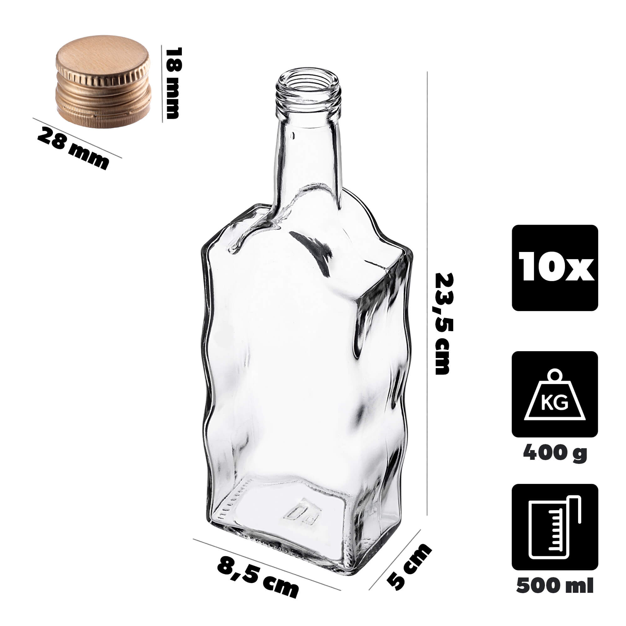 Szklana butelka na nalewkę Fala 500ml ze złotą zakrętką 10 szt.
