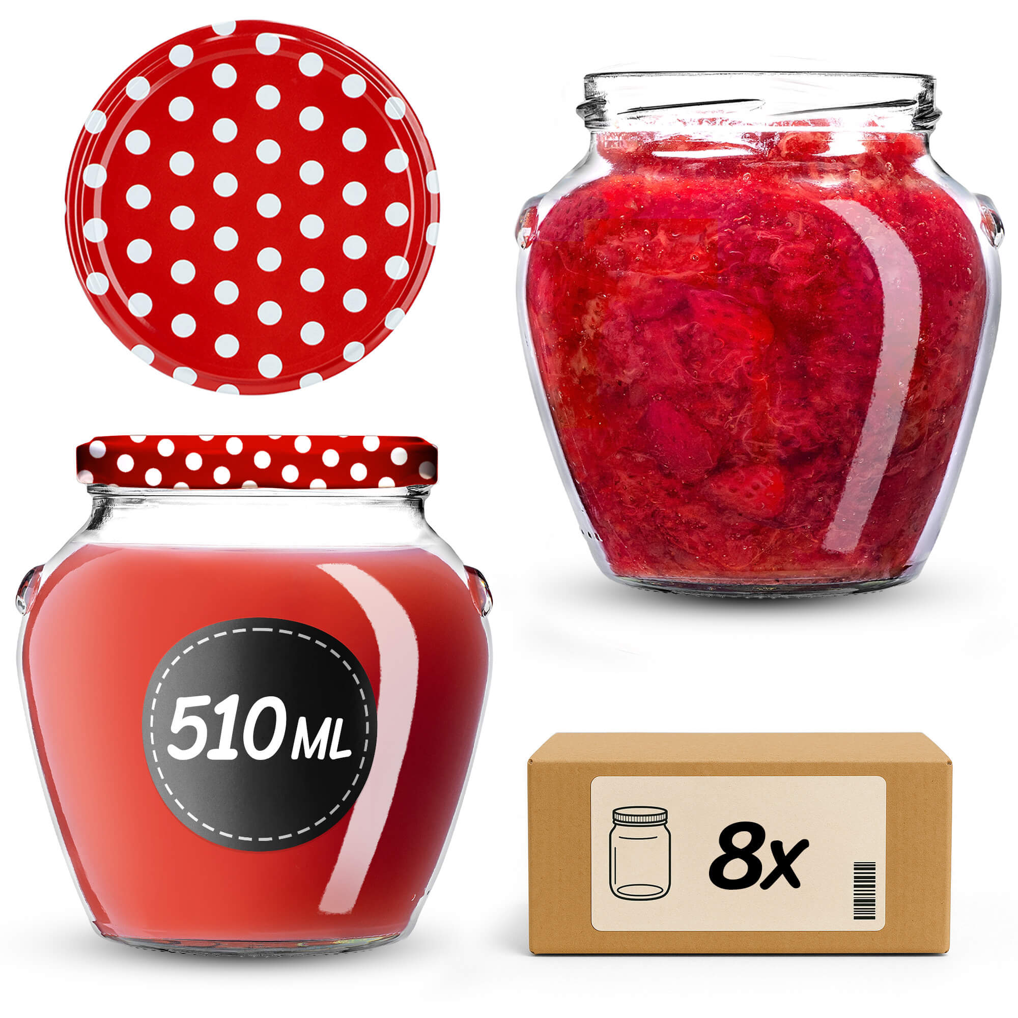 Słoiki na przetwory Sassa 580ml 8szt fi 82 mm + wieczka "Czerwony groszek"