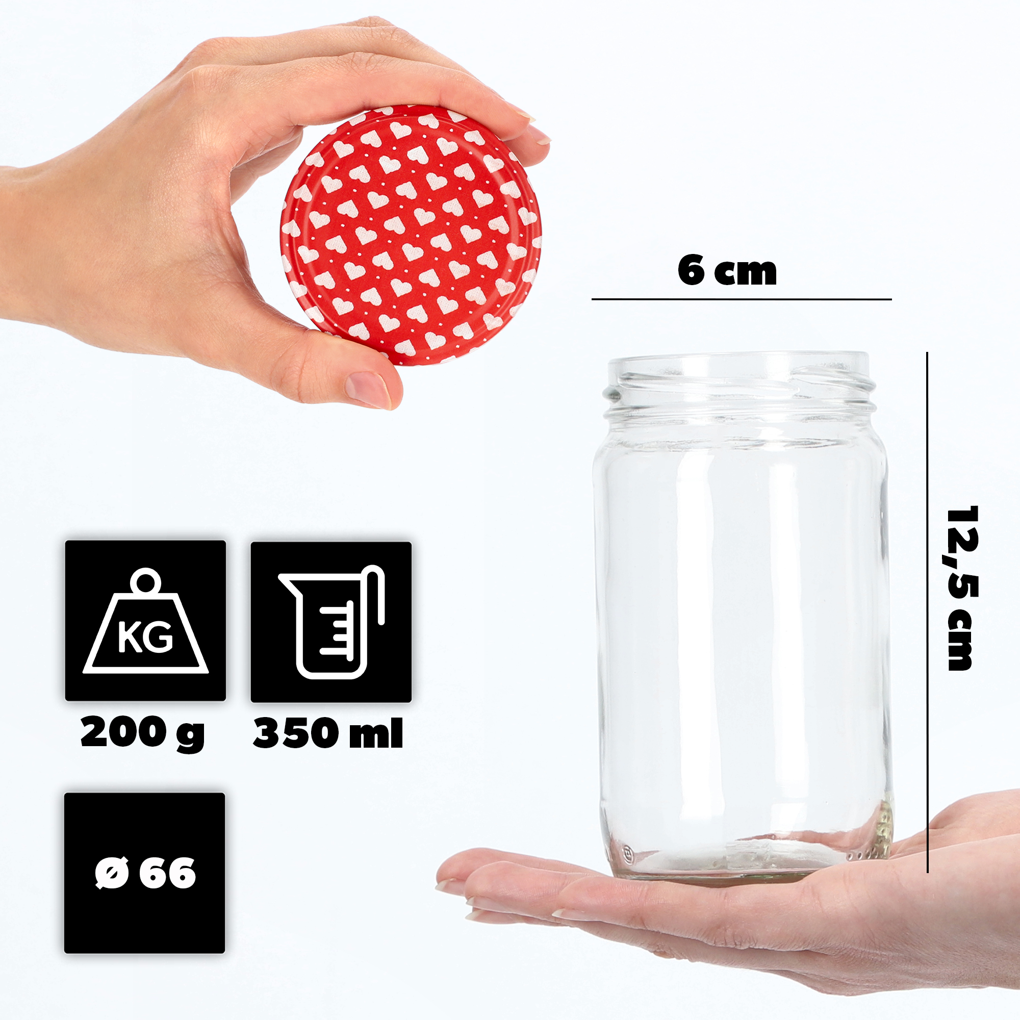 Słoiki na przetwory Gera 350ml fi 66 mm 20szt + wieczka "Serca"