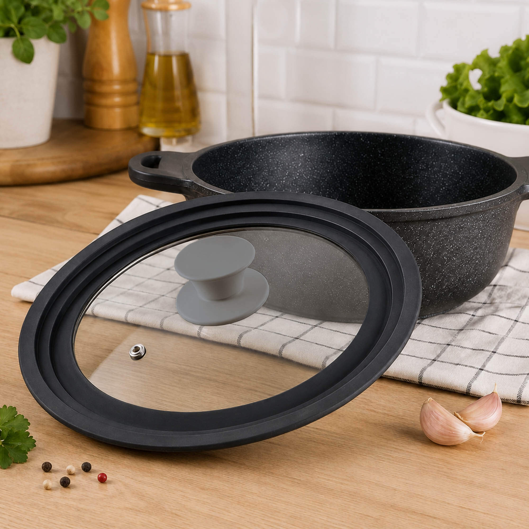 Pokrywa szklana multisize Aiola na garnek 24-28 cm z szarym uchwytem