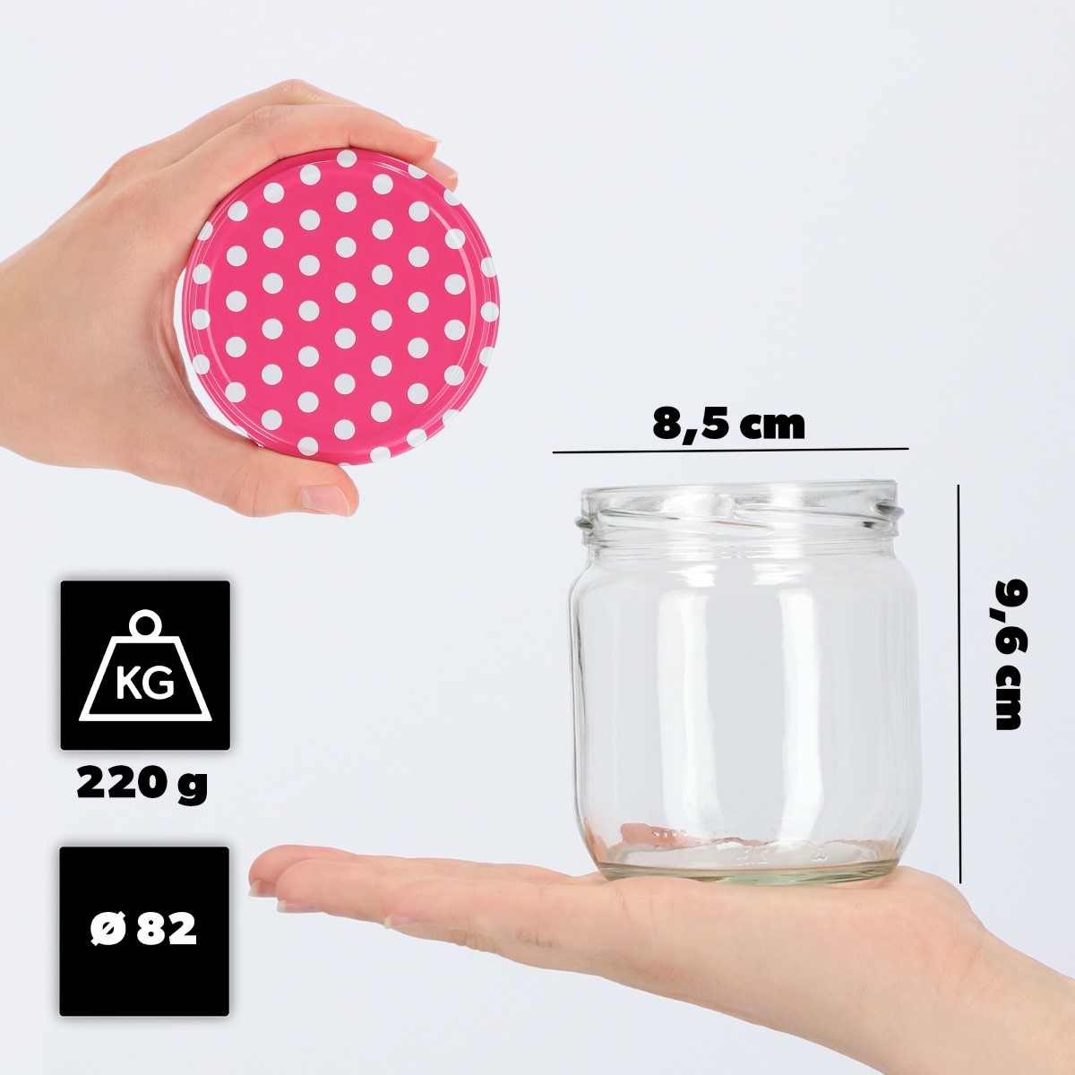 Słoiki na przetwory Salla 425ml 48szt fi 82 mm + wieczka "Groszek różowy"