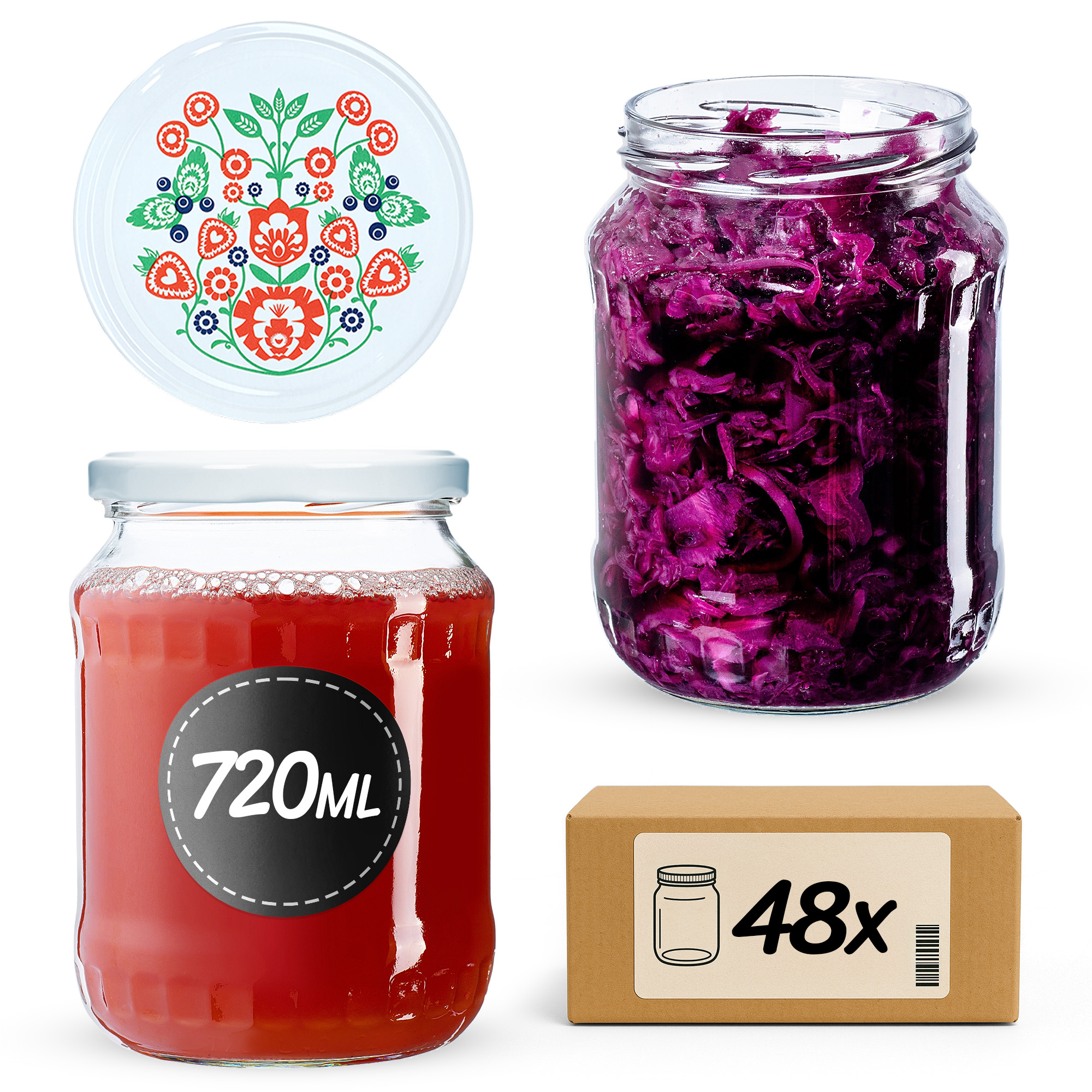 Słoiki na przetwory Jukka 720ml 48szt fi 82 mm + wieczka "Folklor"